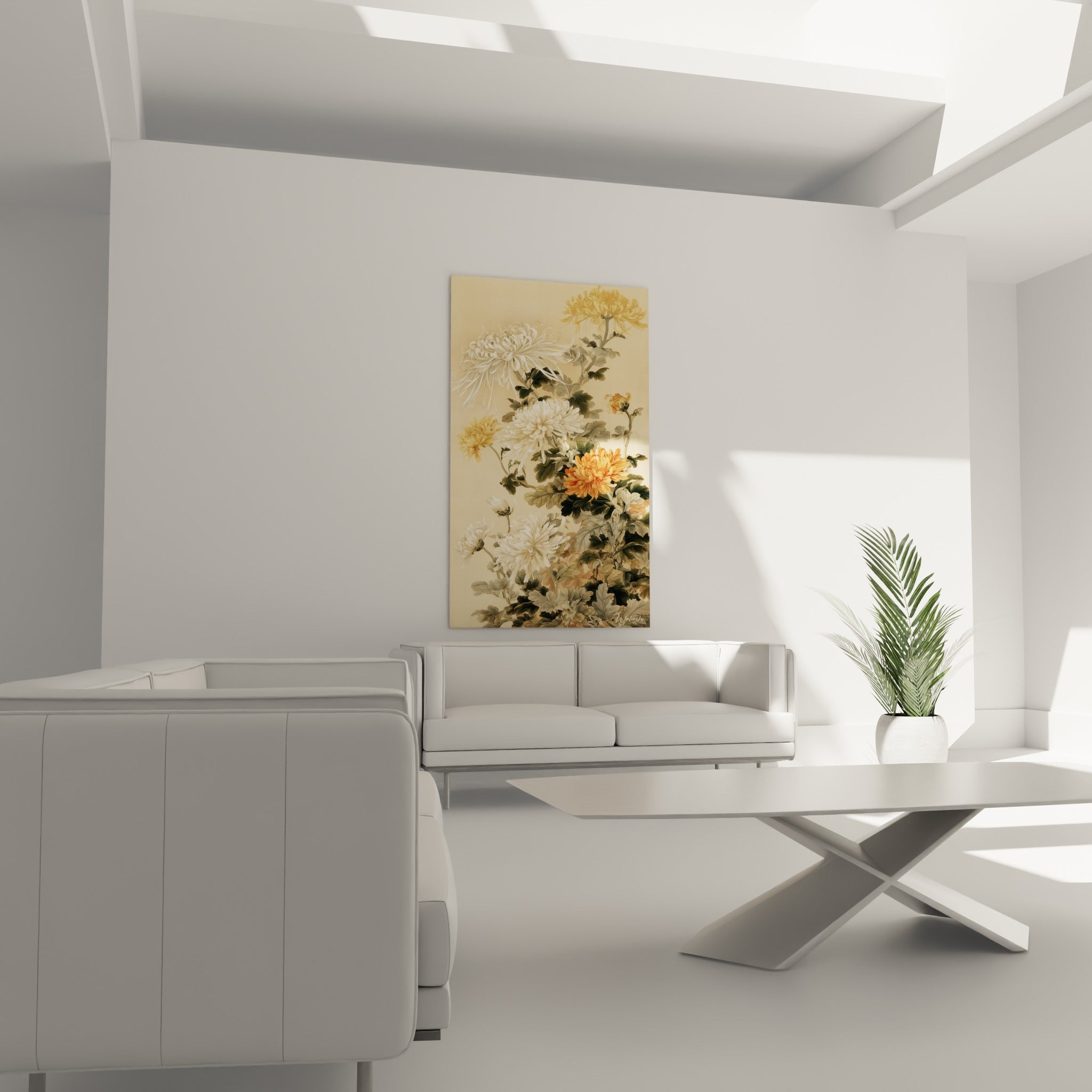 Bouquet de chrysanthème orangé et blanc au-dessus d'un canapé dans un salon lumineux