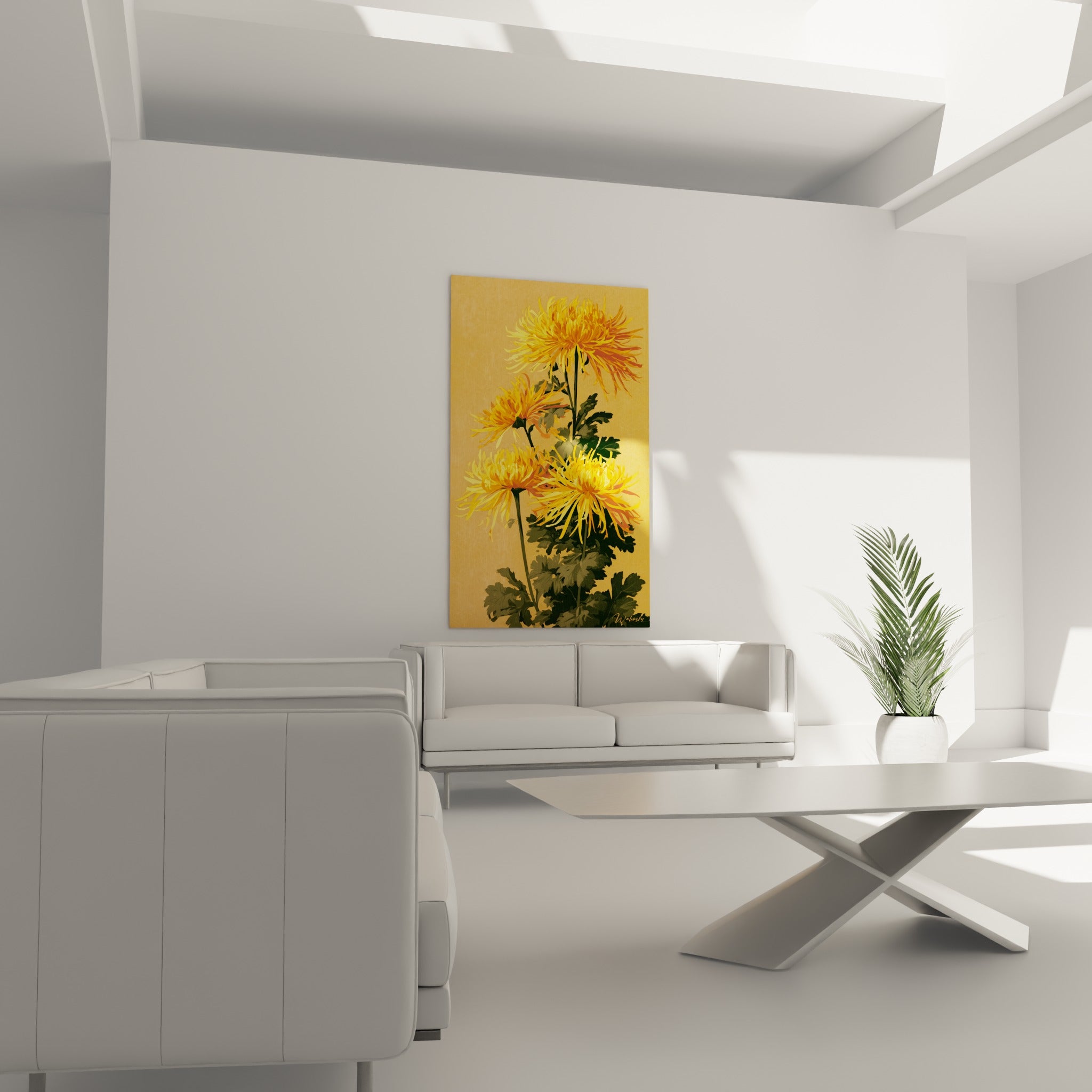 Bouquet de Chrysanthème orangé et ocre accroché au-dessus d'un canapé dans un salon lumineux