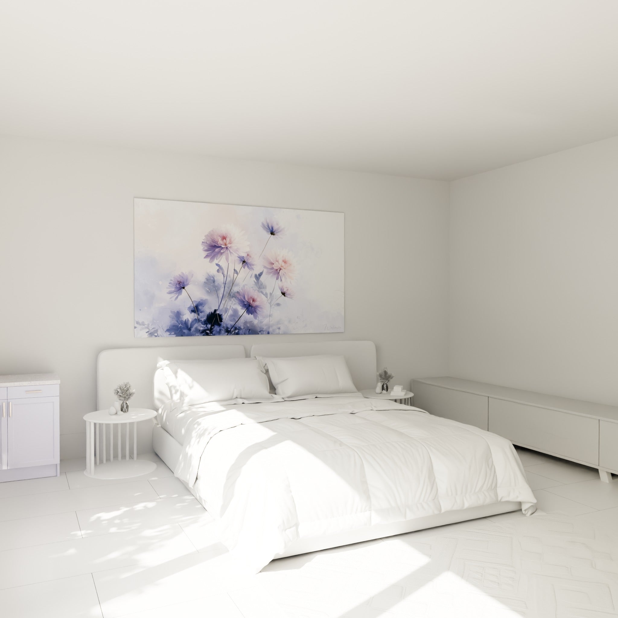 Fleurs de chrysanthème roses et bleu pastel accrochées au-dessus d'un lit dans une chambre claire