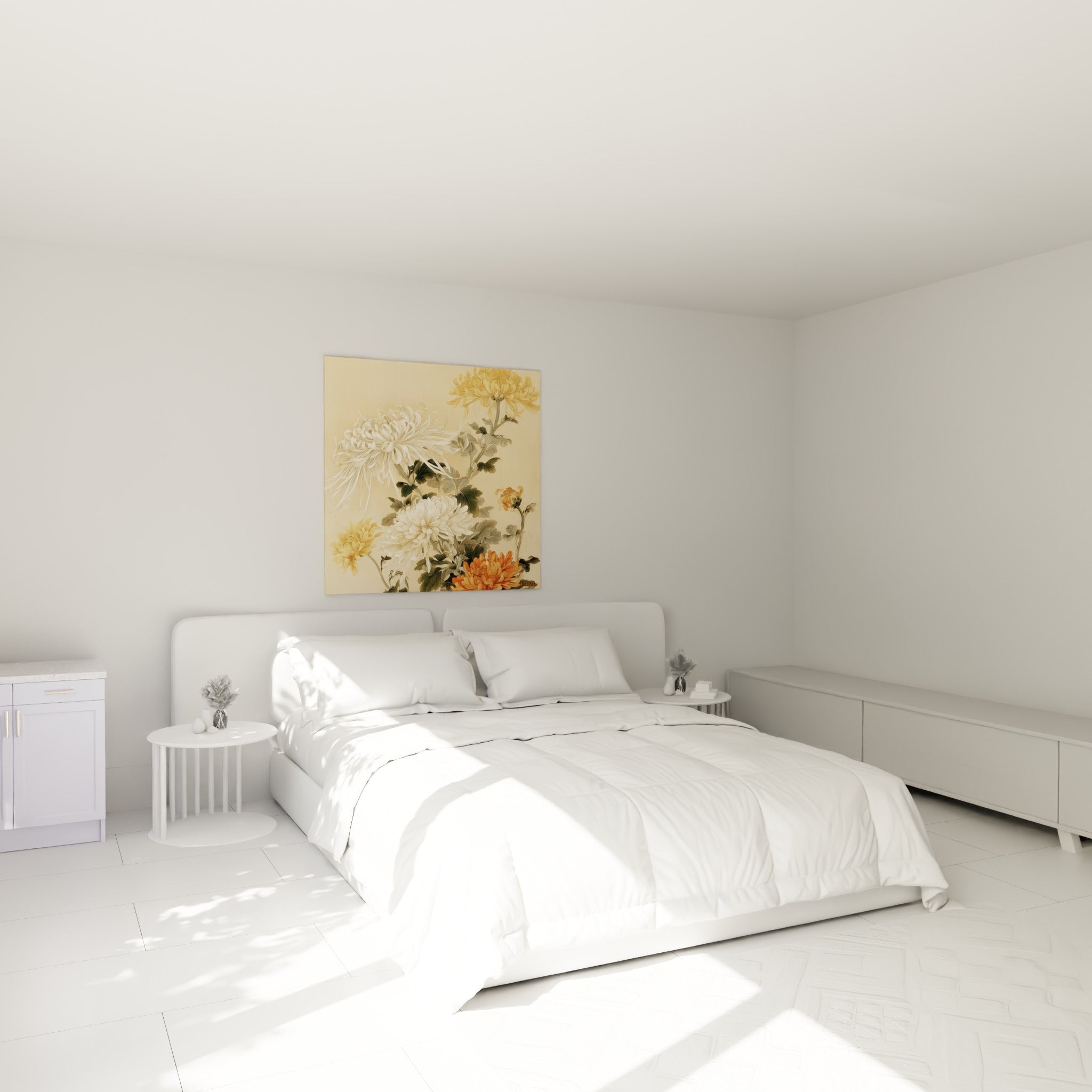 Corolles blanches et orangées de chrysanthème au-dessus d'un lit dans une chambre claire