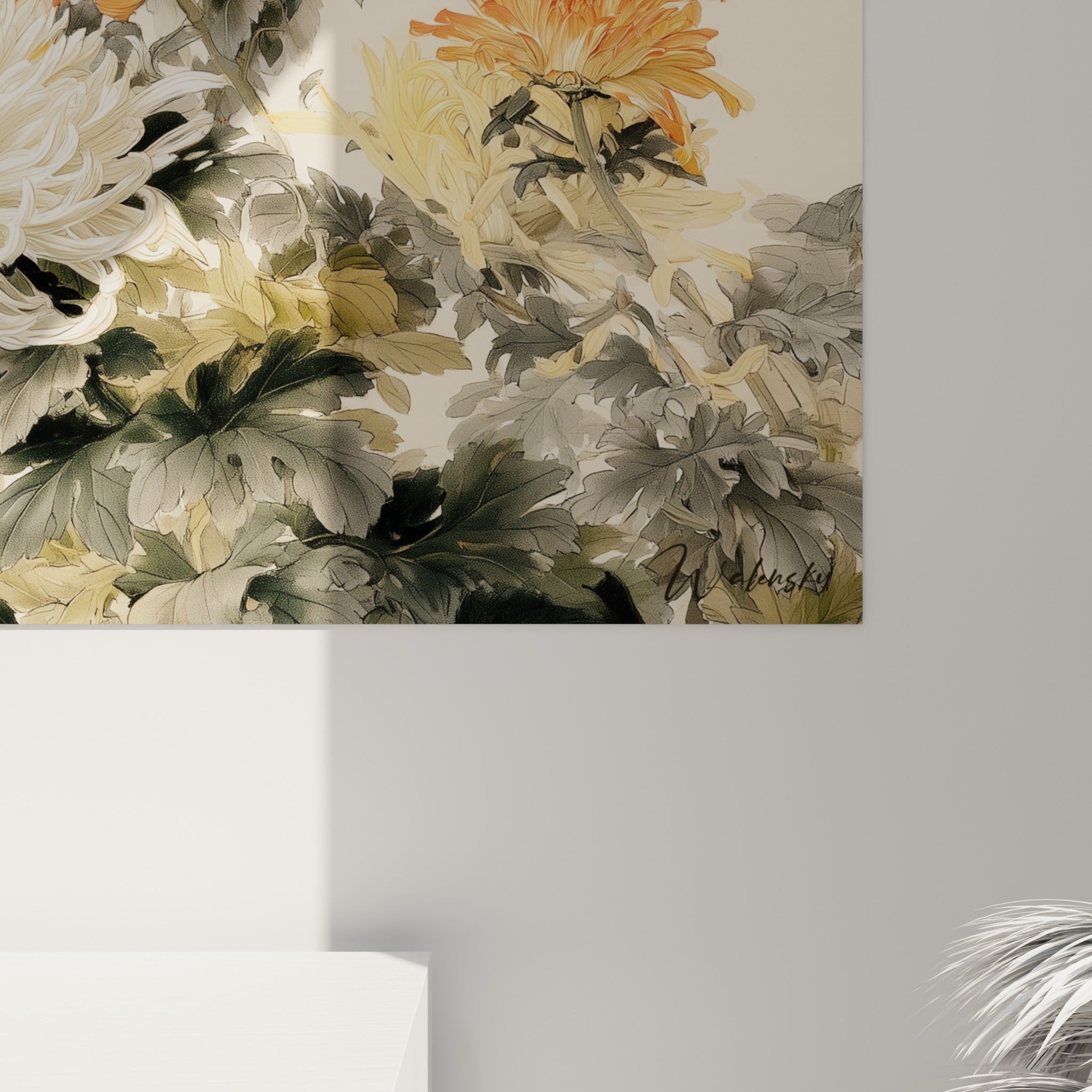 Détail des pétales de Chrysanthème blancs et orangés, grain fin et coulures subtiles visibles