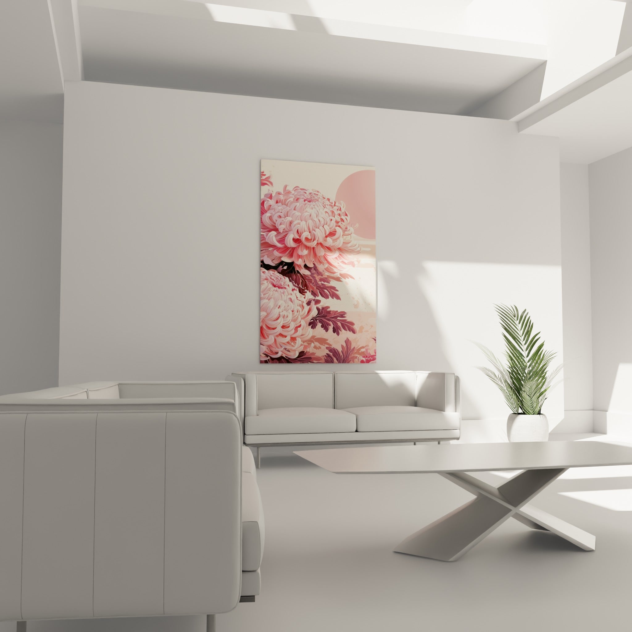 Pétales roses et blanc nacré du Chrysanthème stylisé, disposés au-dessus d'un canapé dans un salon lumineux
