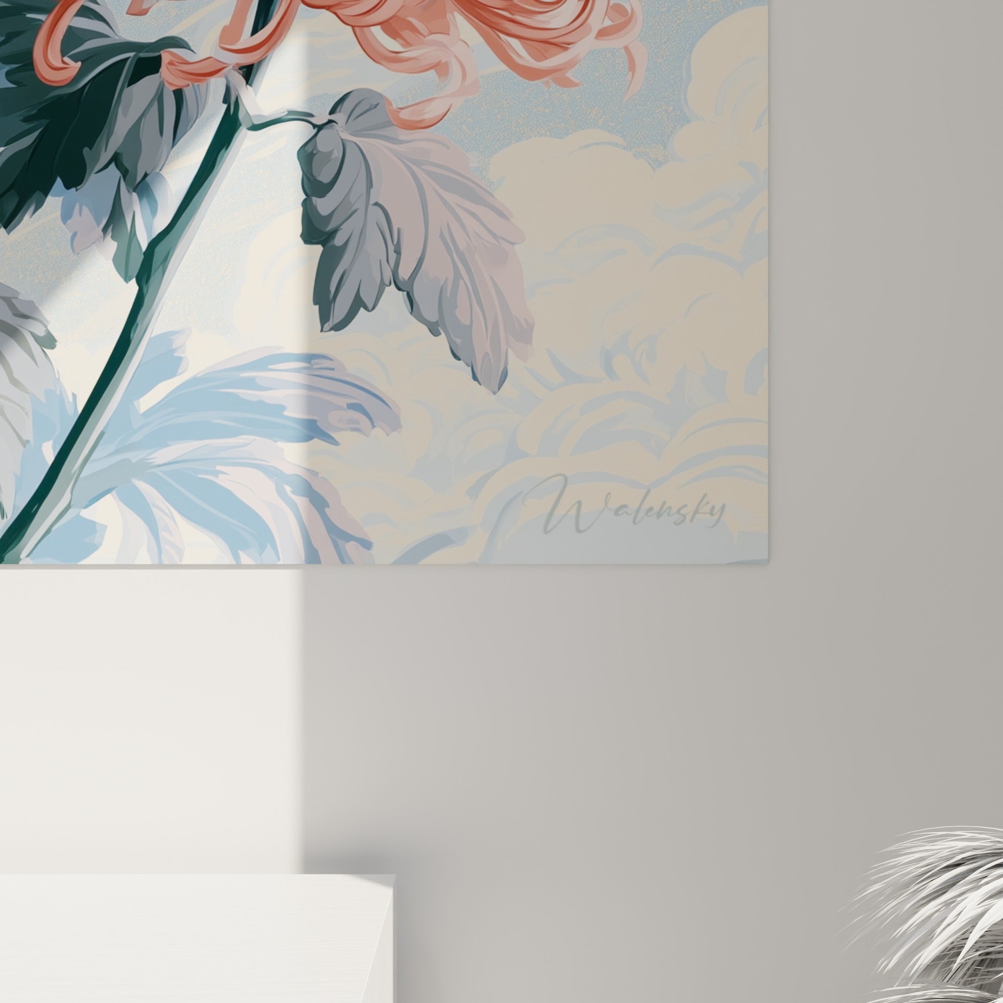 Pétales de chrysanthème corail et blanc en gros plan, traits fins et dégradés bleu pastel visibles sur la toile