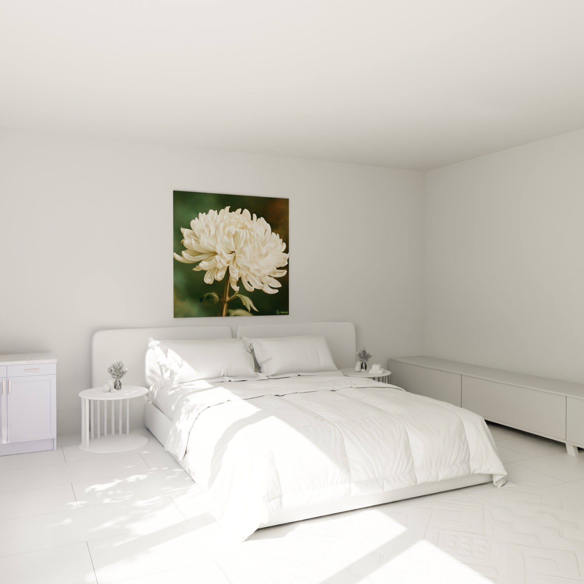 Fleur de chrysanthème blanc crème et vert olive au-dessus d'un lit dans une chambre claire