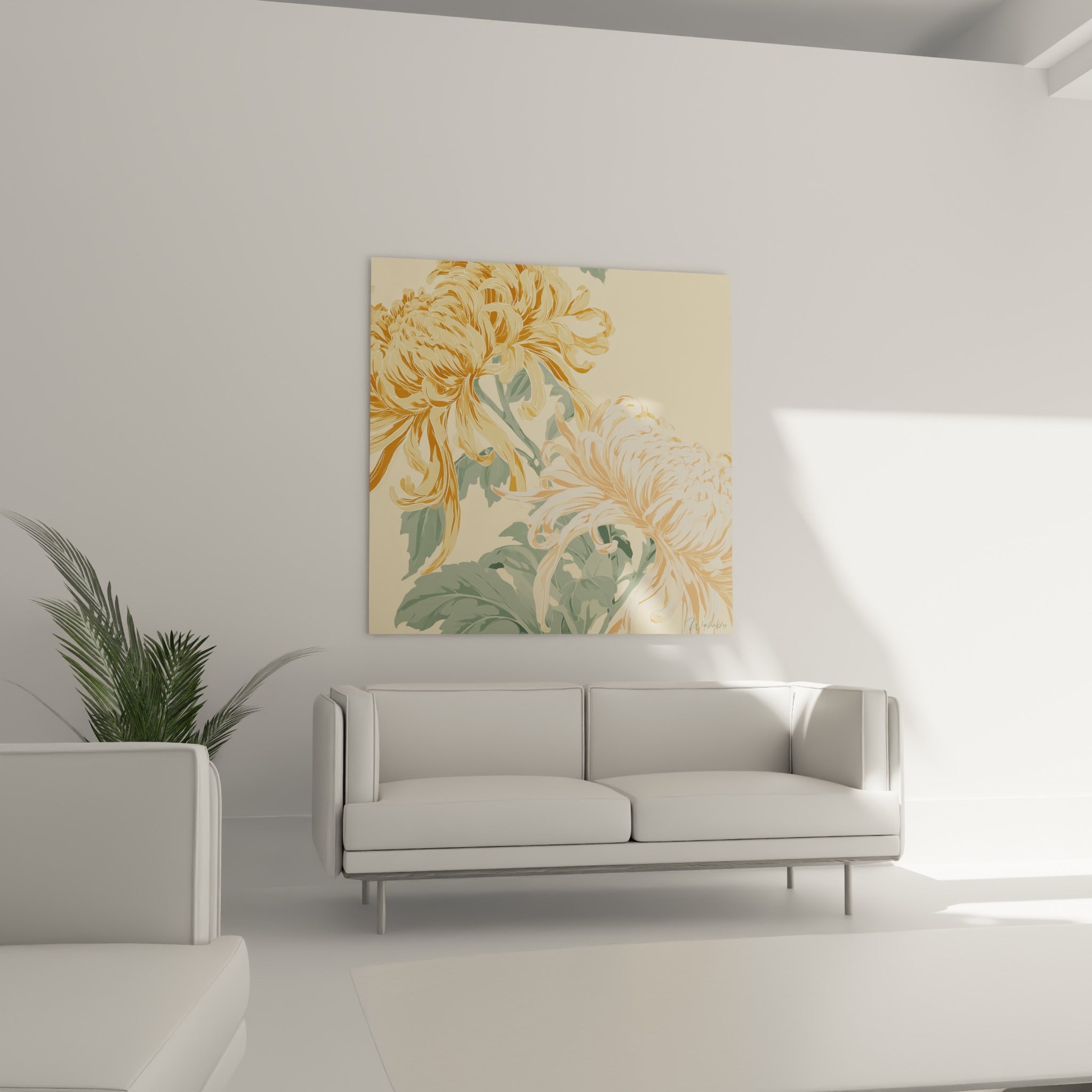 Pétales de chrysanthème pêche et doré aux courbes fluides au-dessus d'un canapé dans un salon lumineux