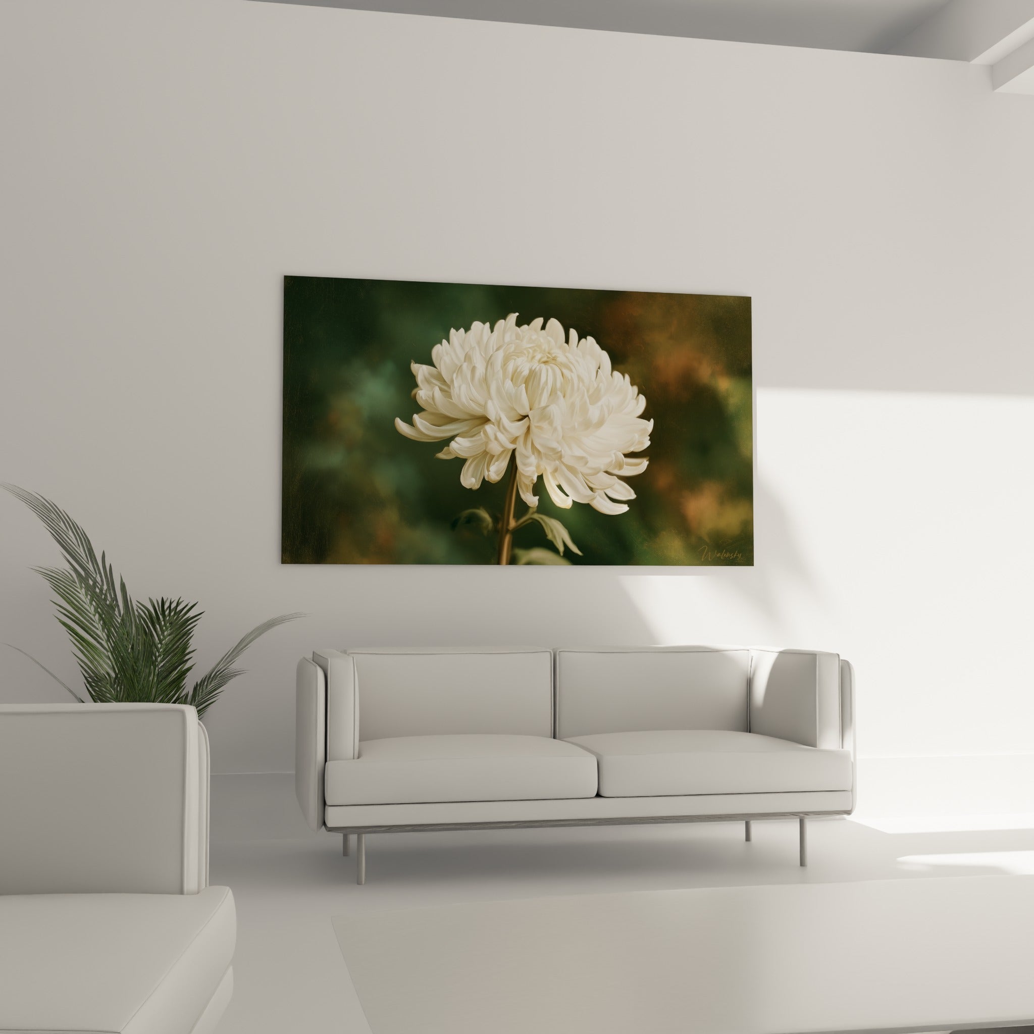 Fleur immaculée aux reflets nacrés surplombant un canapé dans un salon lumineux