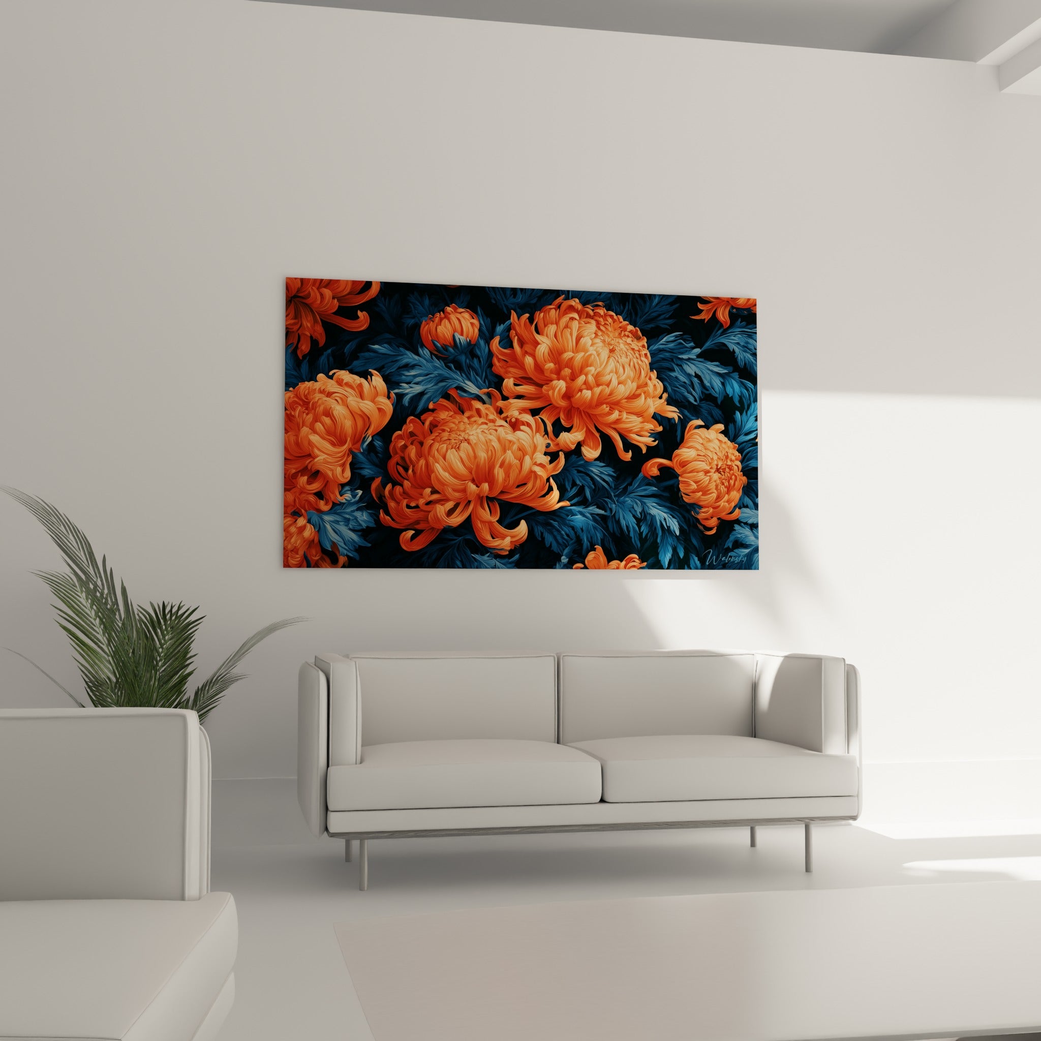 Pétales orangés de chrysanthème déployés sur fond bleu nuit, suspendus au-dessus d'un canapé dans un salon lumineux