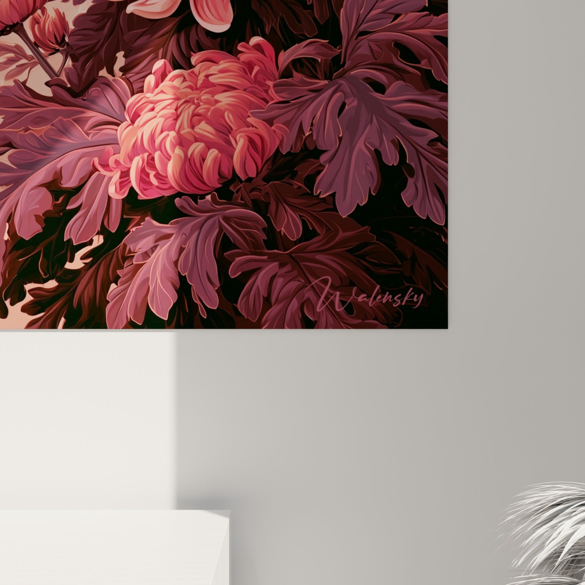Pétales de chrysanthème roses et corail révélant le grain fin de l'impression et les nuances pastel