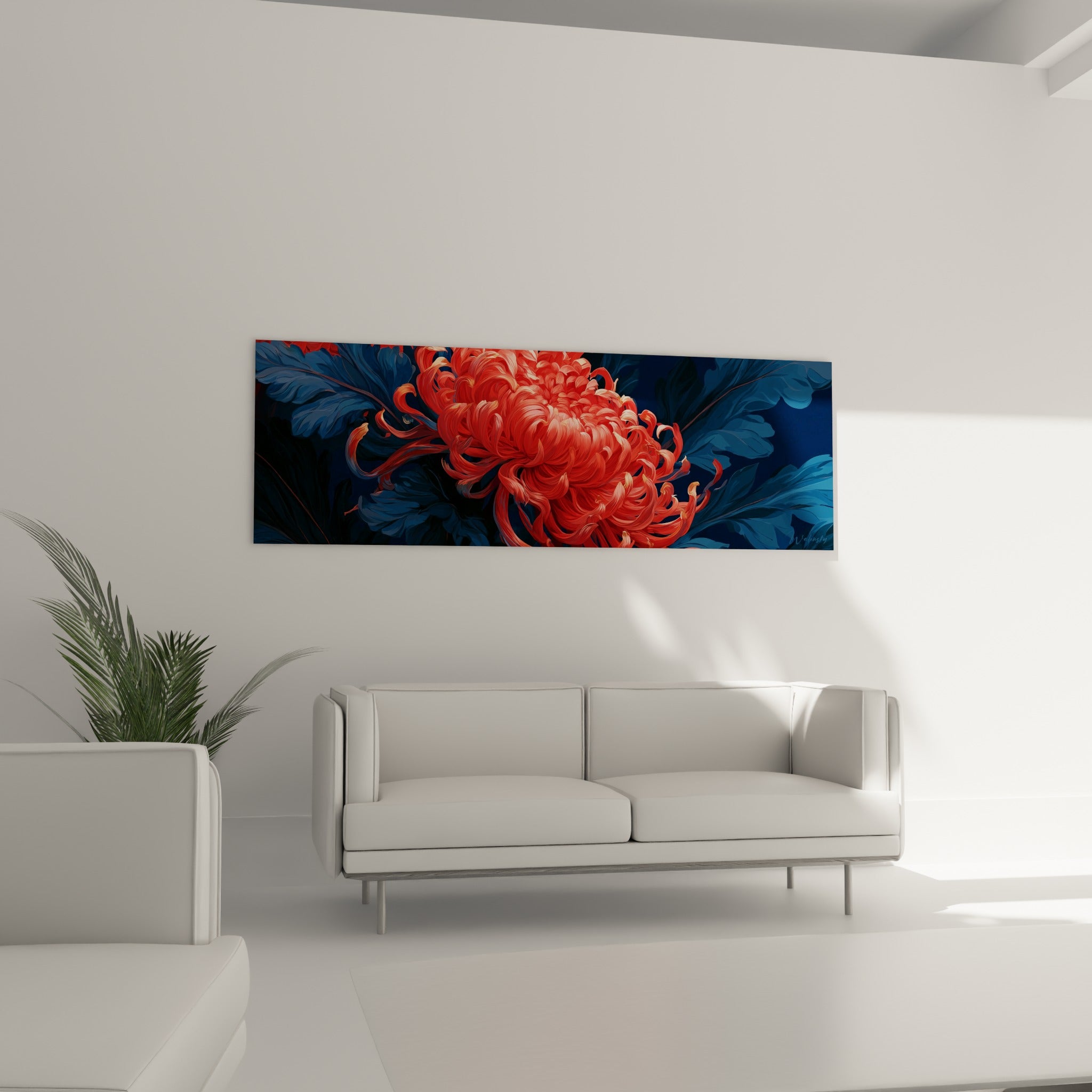 Pétales corail du chrysanthème se déployant sur fond bleu nuit, accroché au-dessus d'un canapé dans un salon lumineux