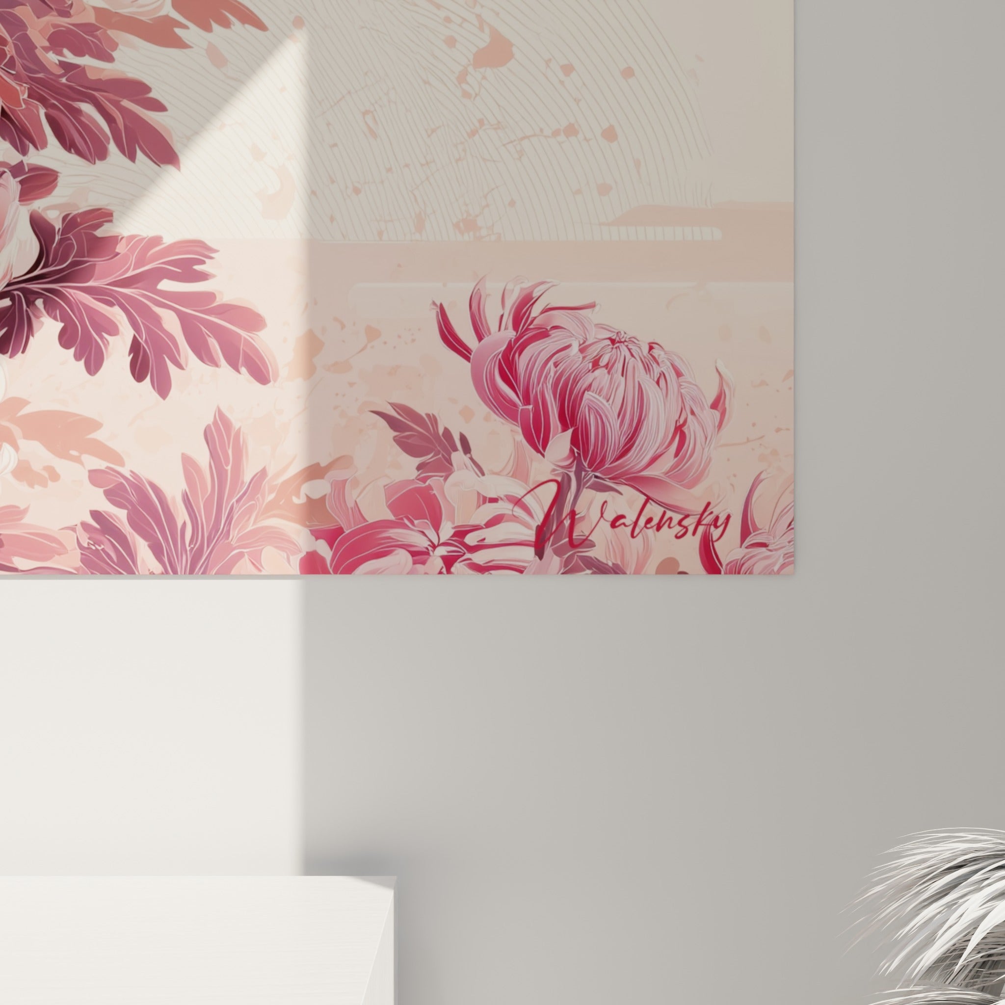 Détail des pétales roses et blancs du chrysanthème, texture fine et coulures pêche visibles de près