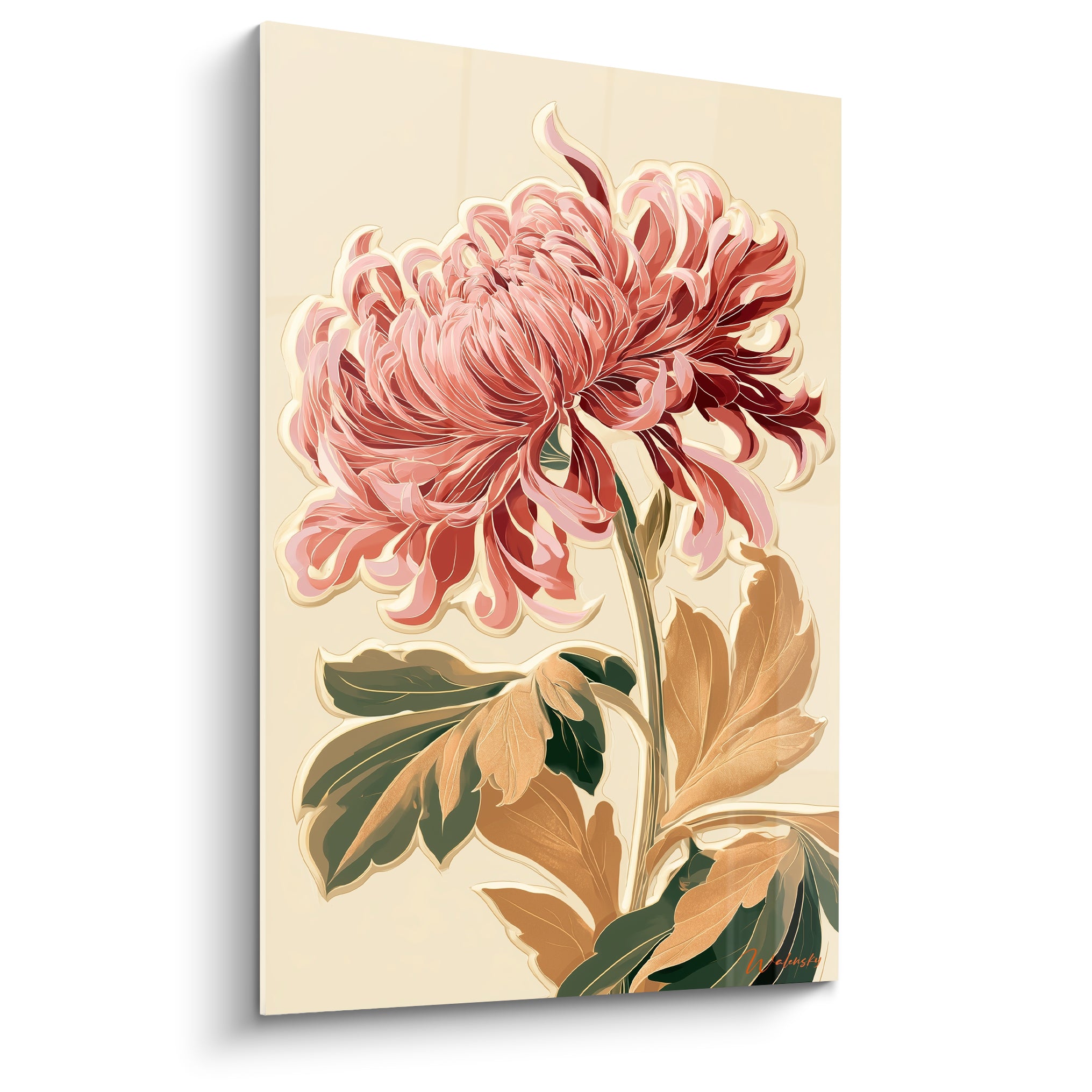 Chrysanthème rose et bordeaux aux pétales déployés sur fond crème, traitement graphique raffiné