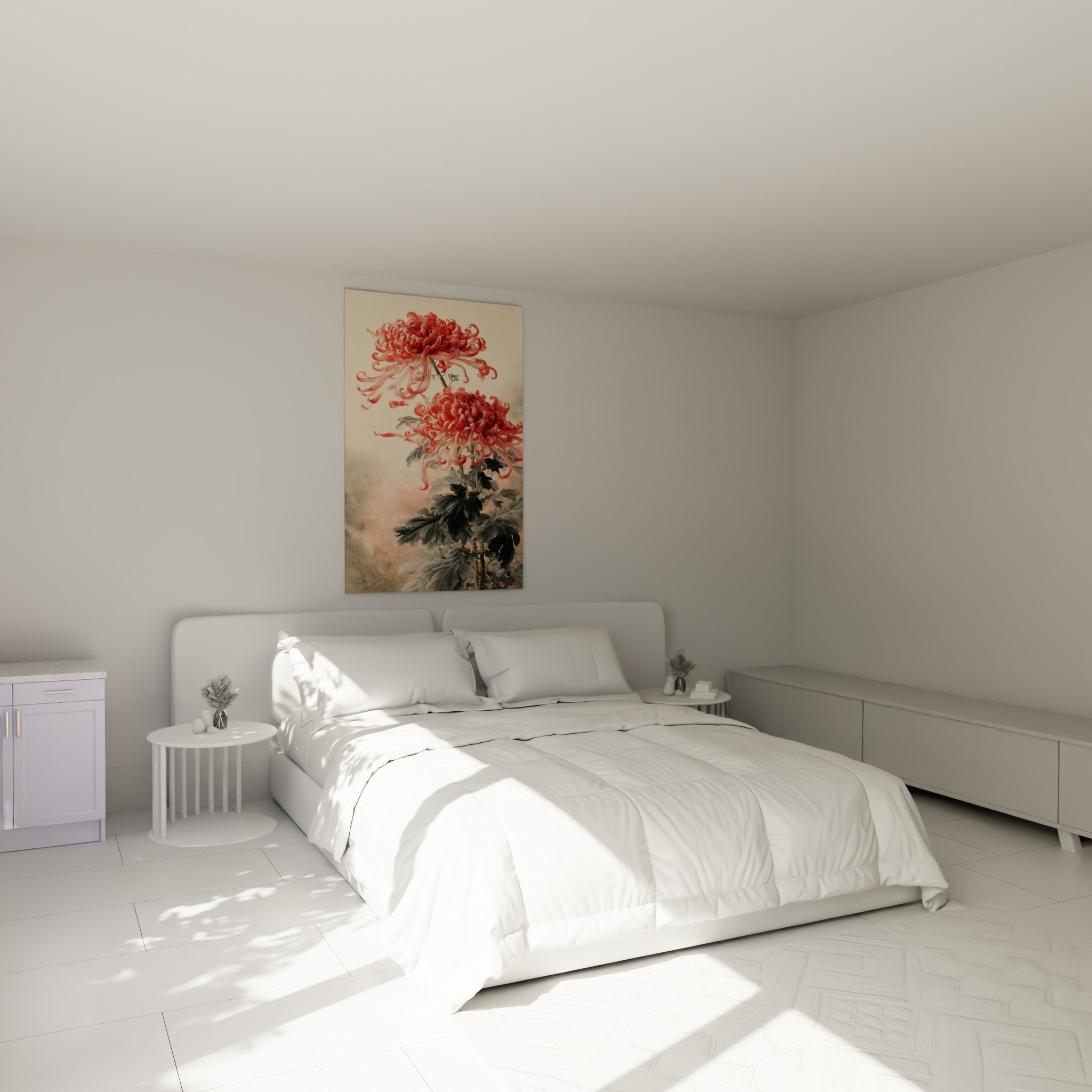 Chrysanthème rose et corail aux courbes délicates, accroché au-dessus d'un lit dans une chambre claire