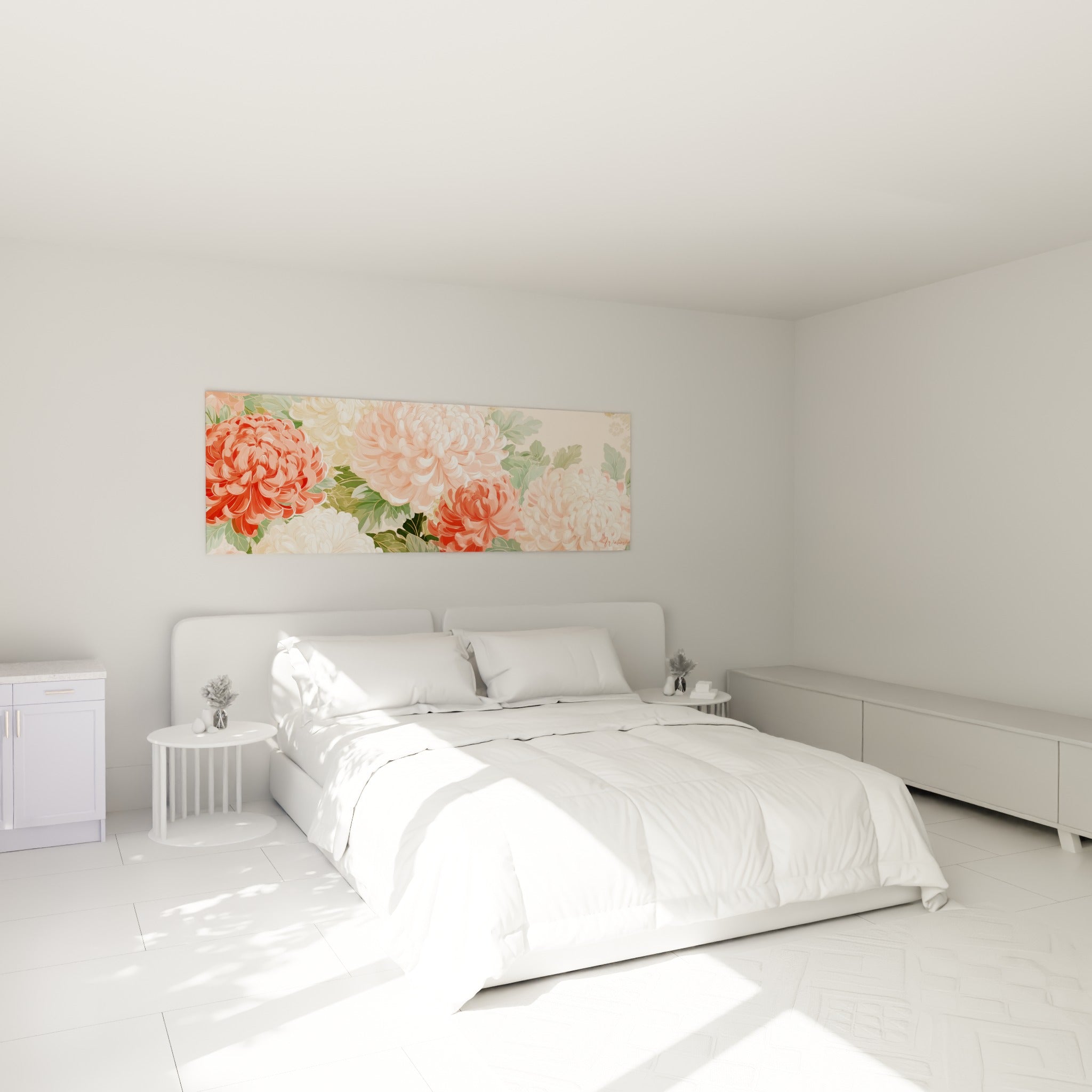 Fleurs de chrysanthème roses et blanches déployées au-dessus d'un lit dans une chambre claire