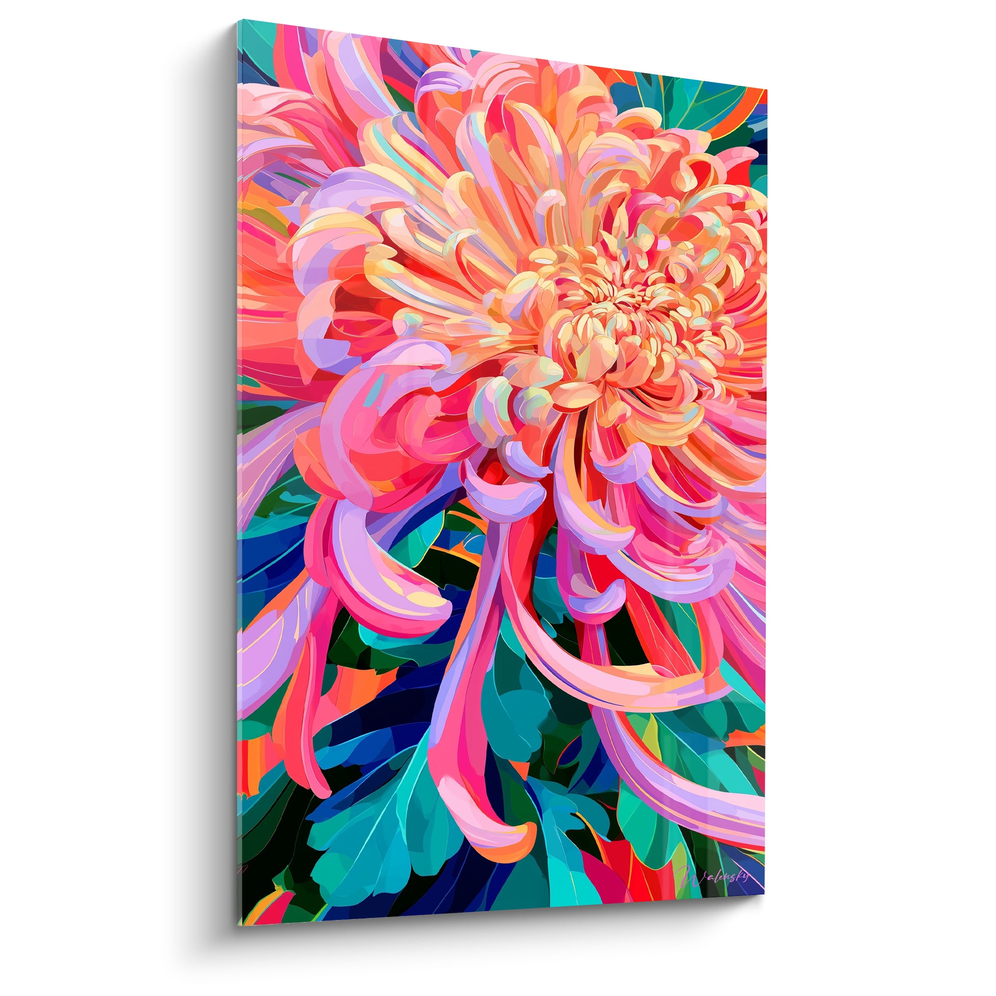 Chrysanthème rose corail aux pétales enroulés, cœur pêche pâle, feuillage turquoise en arrière-plan
