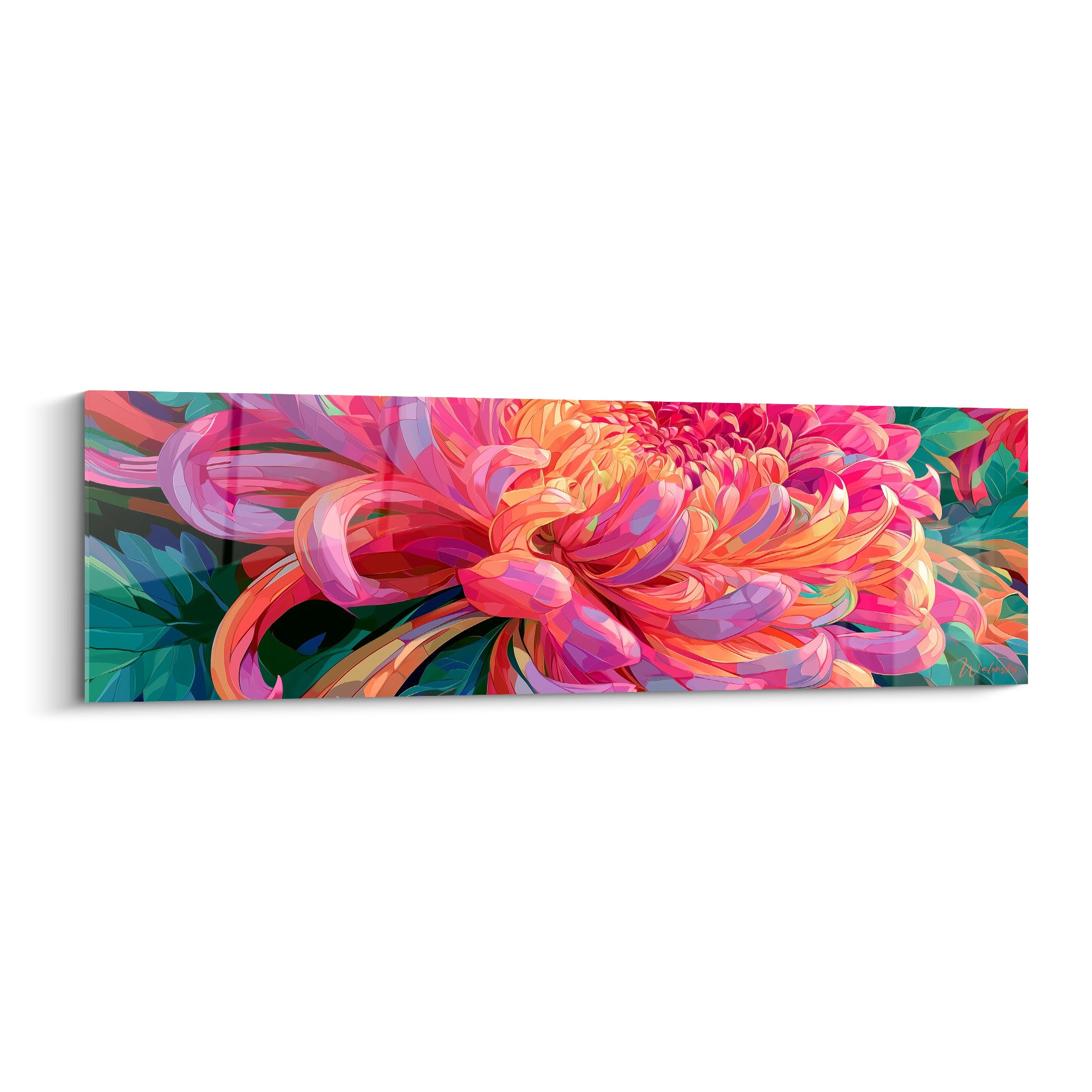 Chrysanthème rose et corail aux pétales enroulés, style graphique sur fond de feuillage émeraude