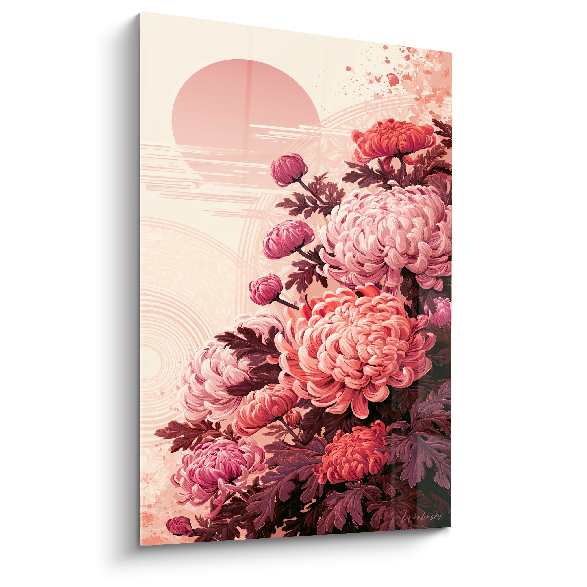 Chrysanthèmes roses et corail en pleine floraison devant un soleil levant rose pâle stylisé