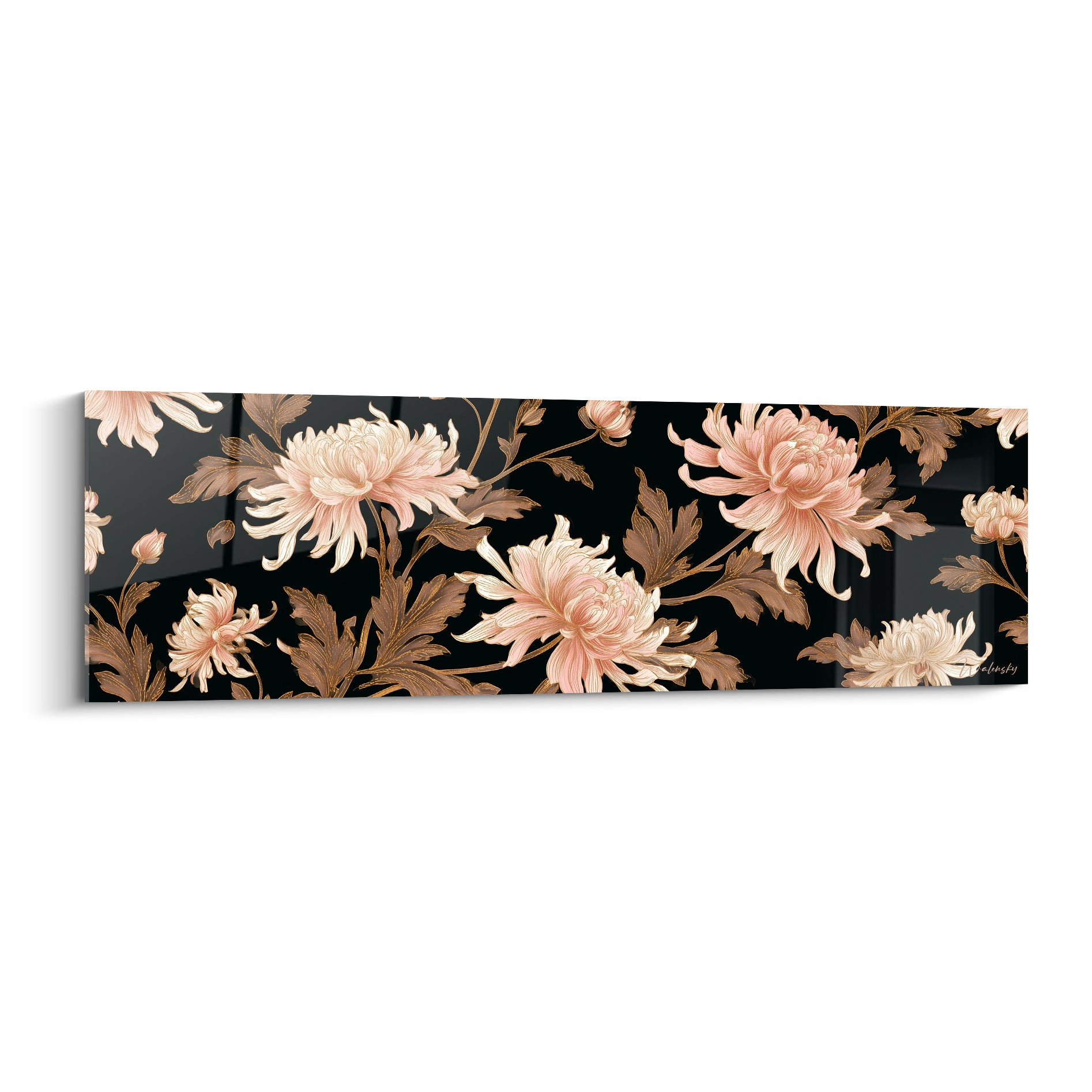 Chrysanthèmes roses et crème sur fond noir, feuillages cuivrés en pleine floraison graphique