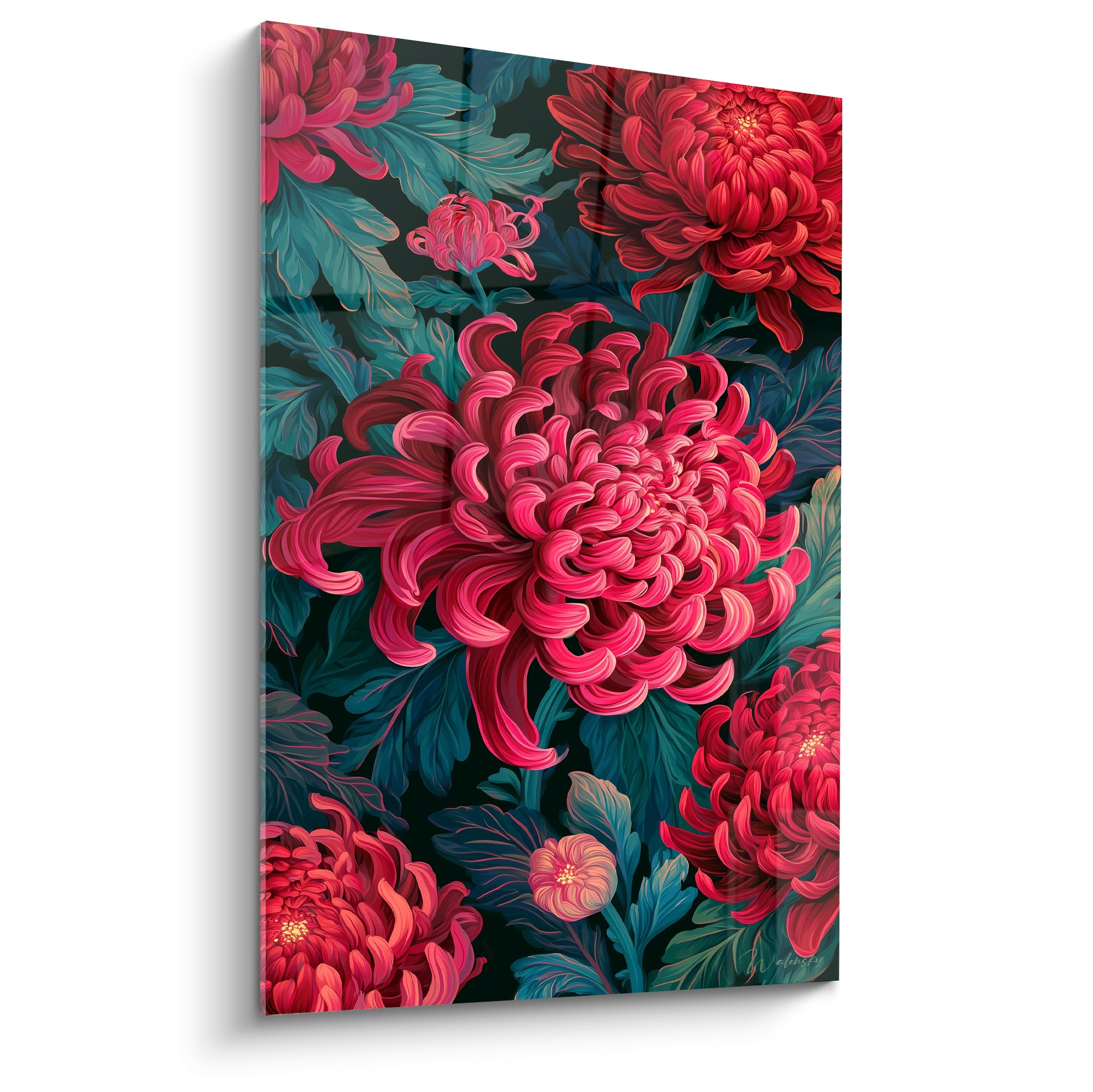 Chrysanthème rose fuchsia aux pétales enroulés sur fond anthracite et feuillage vert sarcelle