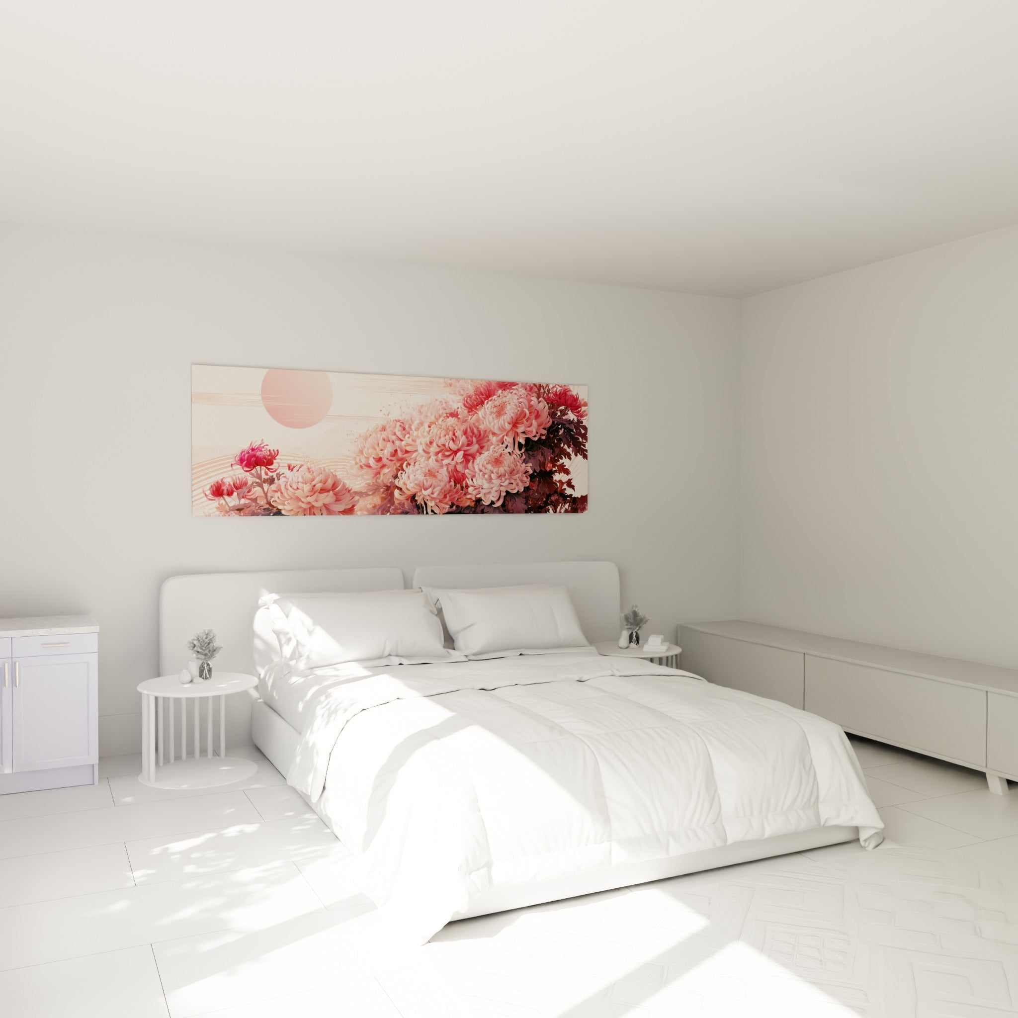 Bouquet de chrysanthèmes roses et ivoire accroché au-dessus d'un lit dans une chambre claire.