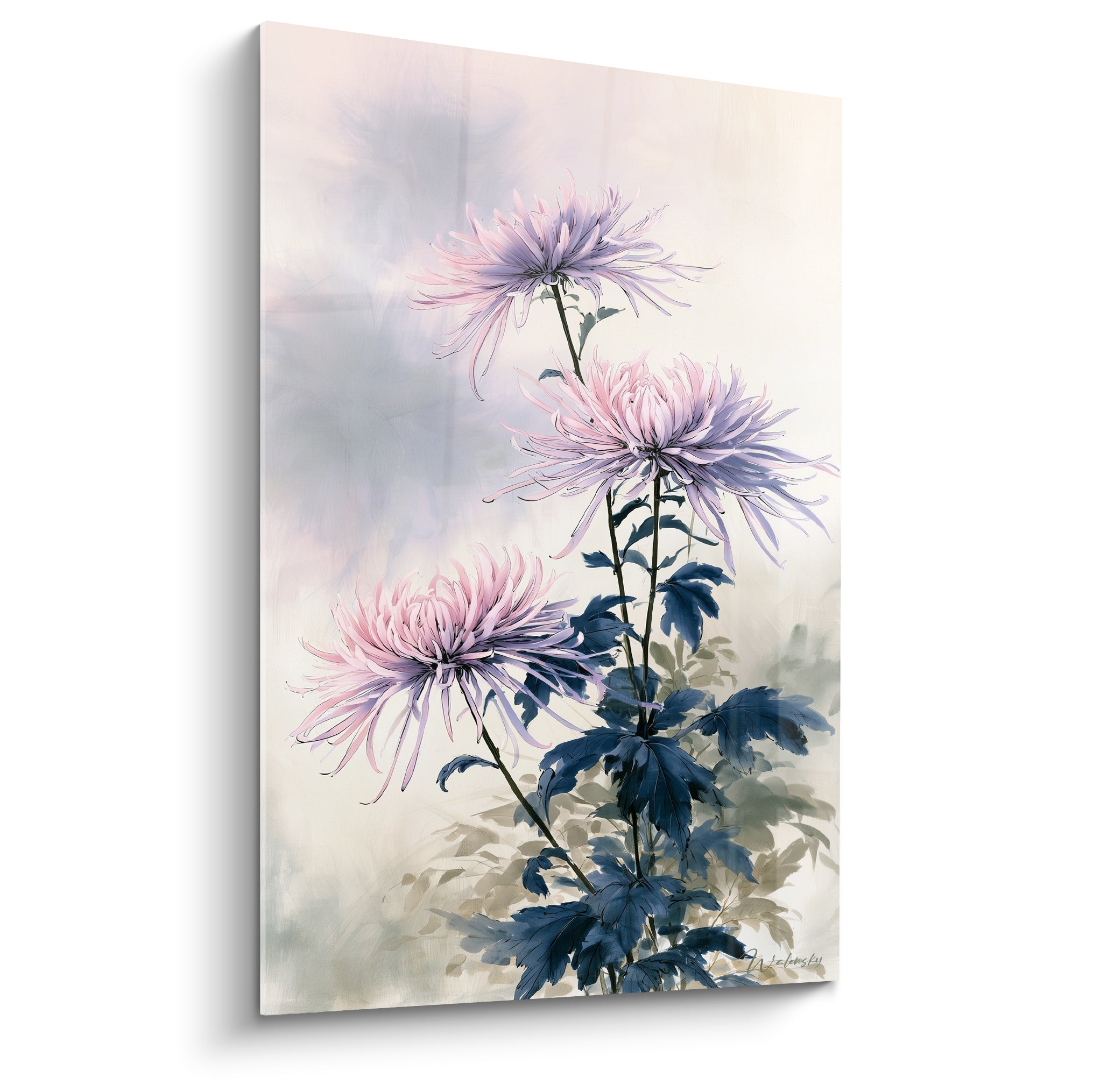 Chrysanthème rose et lavande aux feuilles bleu nuit, trois fleurs sur fond brumeux crème