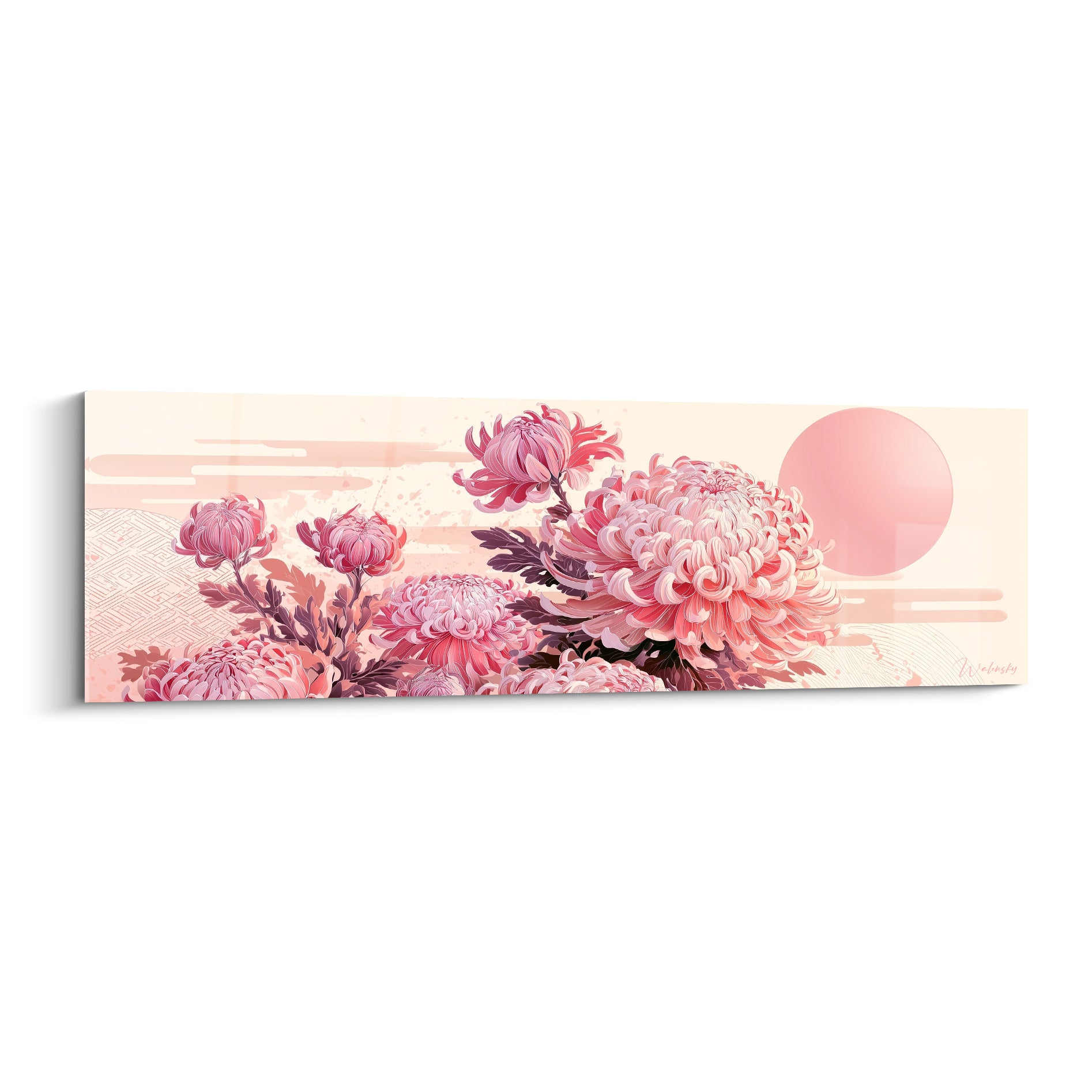 Chrysanthème rose et bordeaux en bouquet dense devant une lune pastel sur fond ivoire