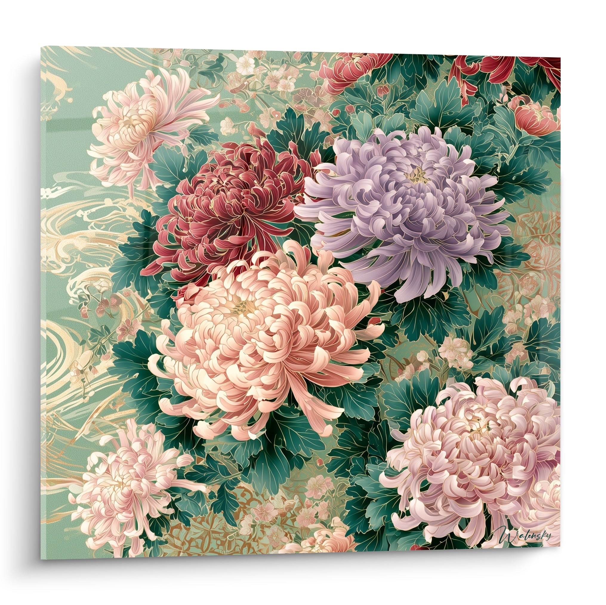 Chrysanthèmes rose poudré et mauve aux pétales déployés sur fond vert sauge doré