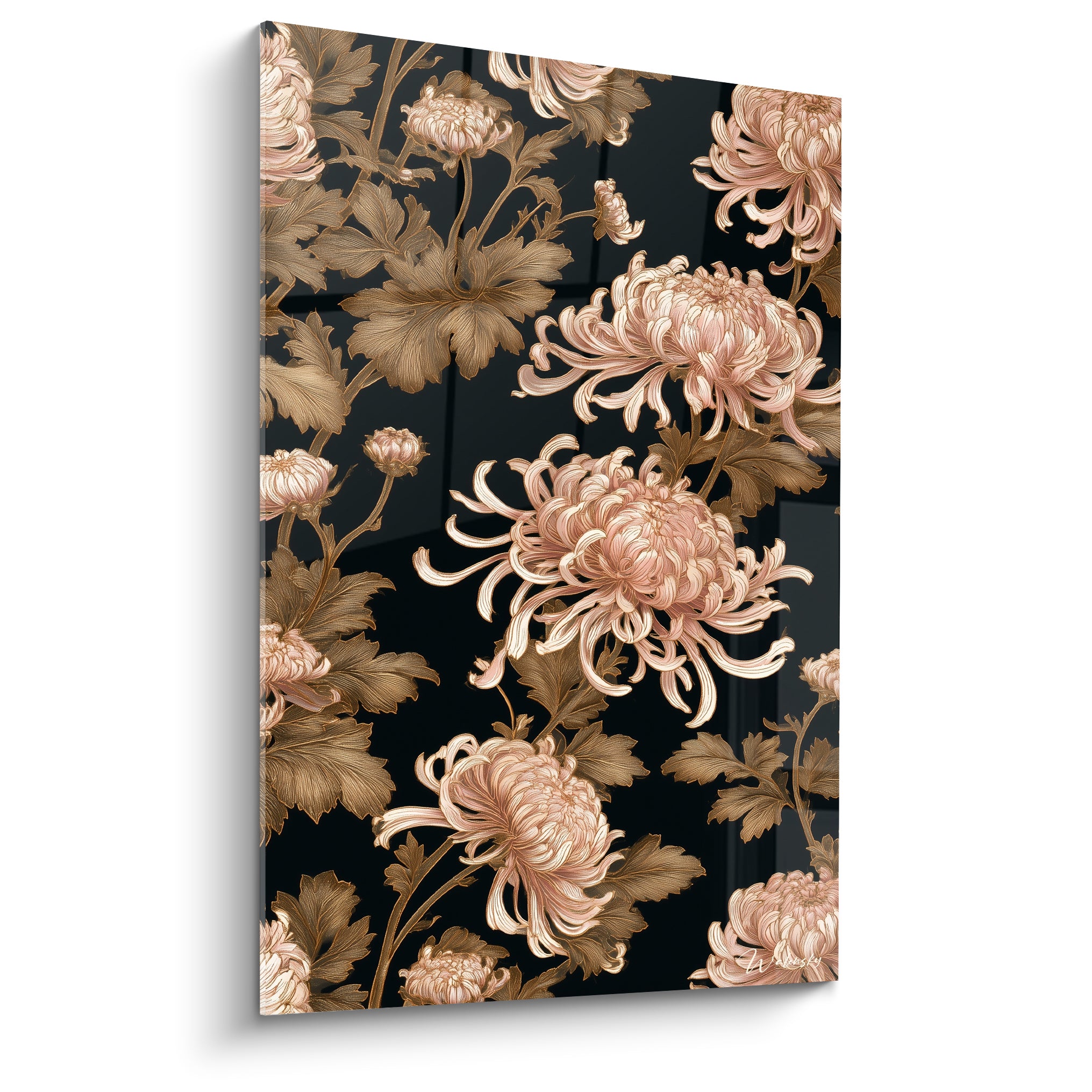 Chrysanthèmes rose poudré et feuillages dorés se déploient sur un fond noir profond, style japonisant.
