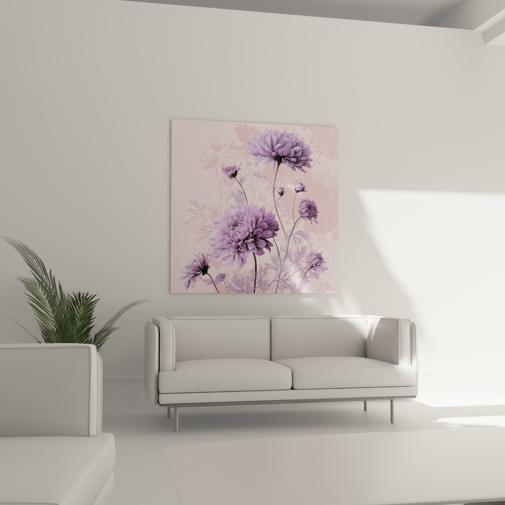 Bouquet de chrysanthèmes mauves et roses pâles disposé au-dessus d'un canapé dans un salon lumineux