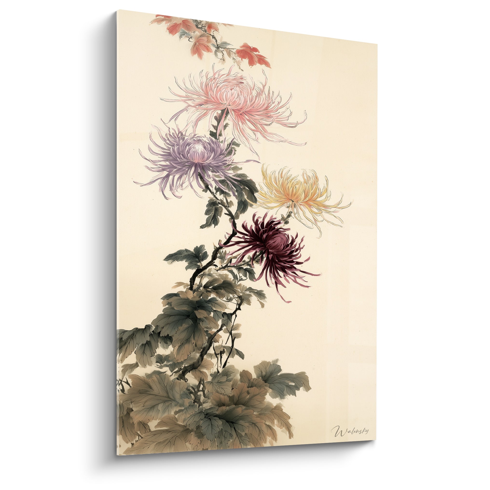 Chrysanthèmes roses et pourpres peints à l'encre sur fond ivoire aux traits délicats