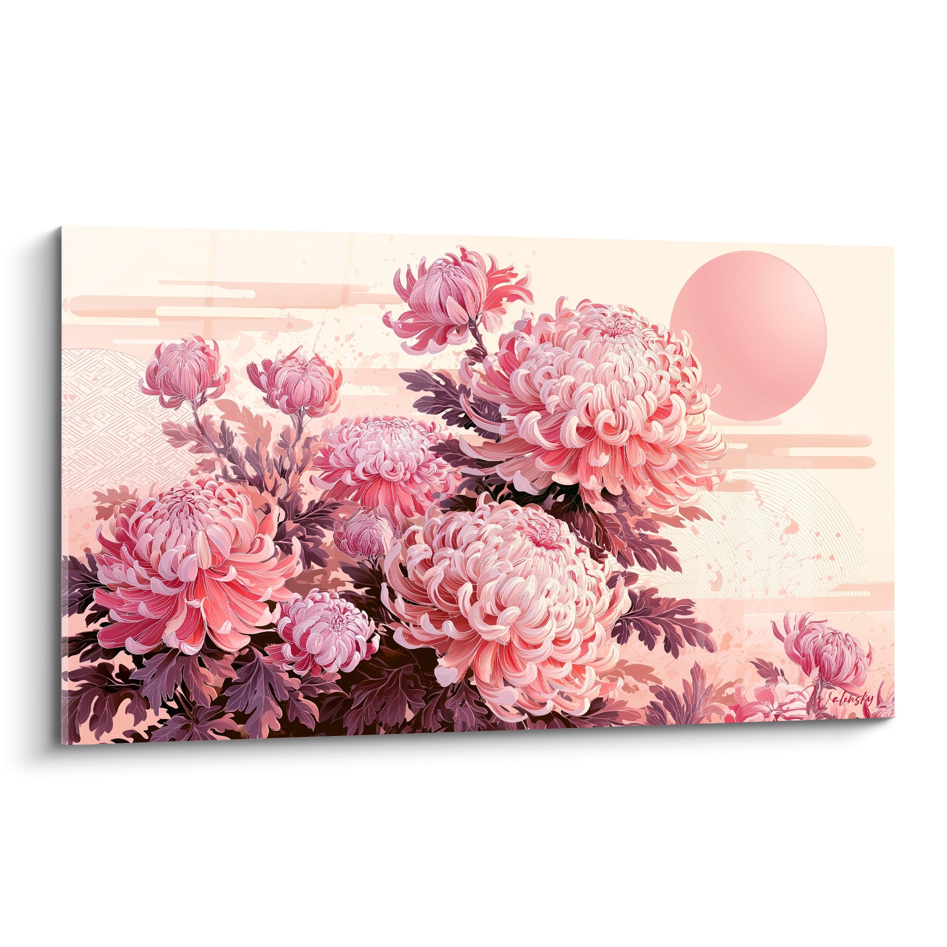 Chrysanthème rose et pêche en pleine floraison devant un soleil japonisant pastel