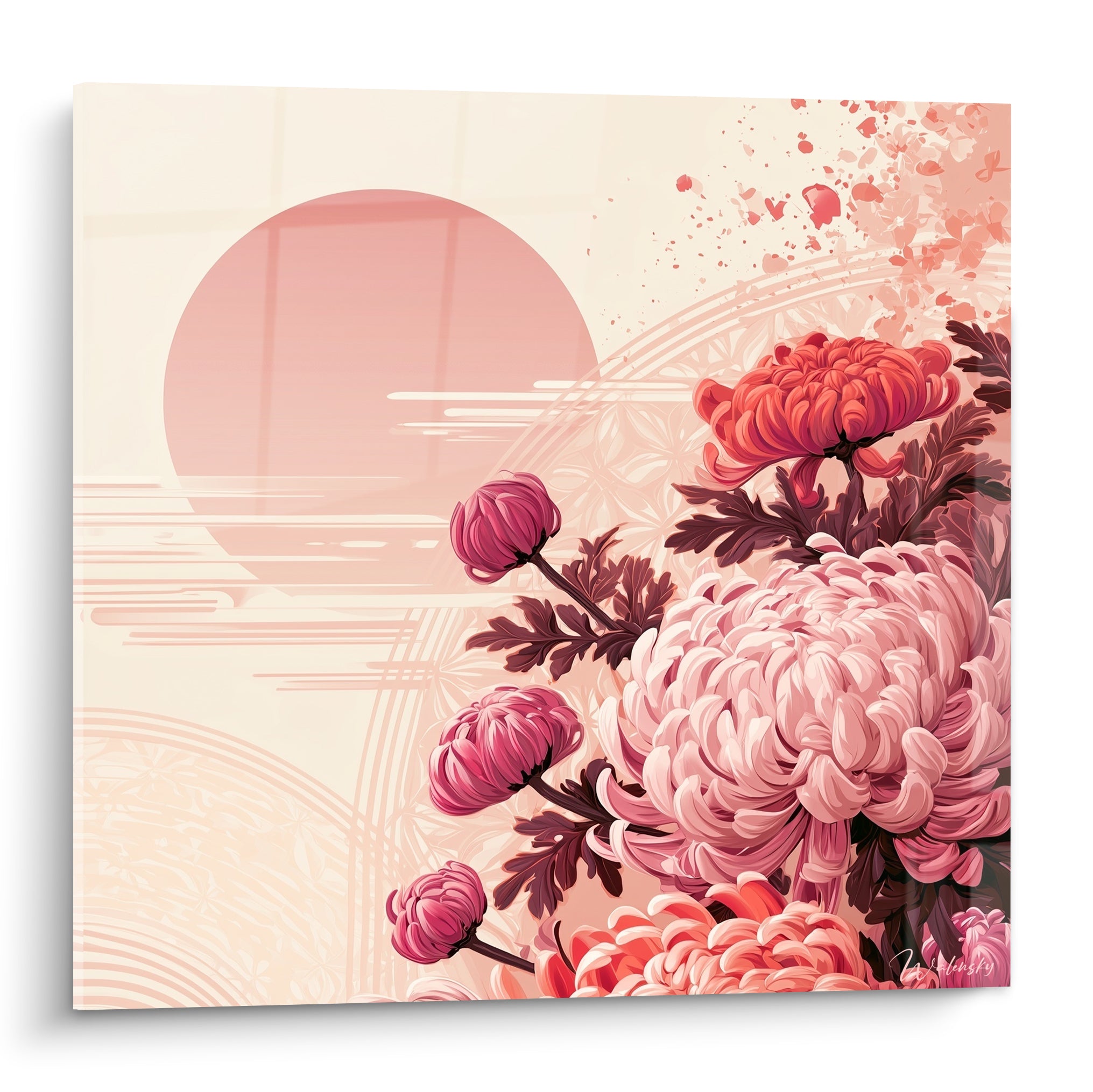 Chrysanthème rose poudré et rouge corail devant un soleil levant japonisant stylisé