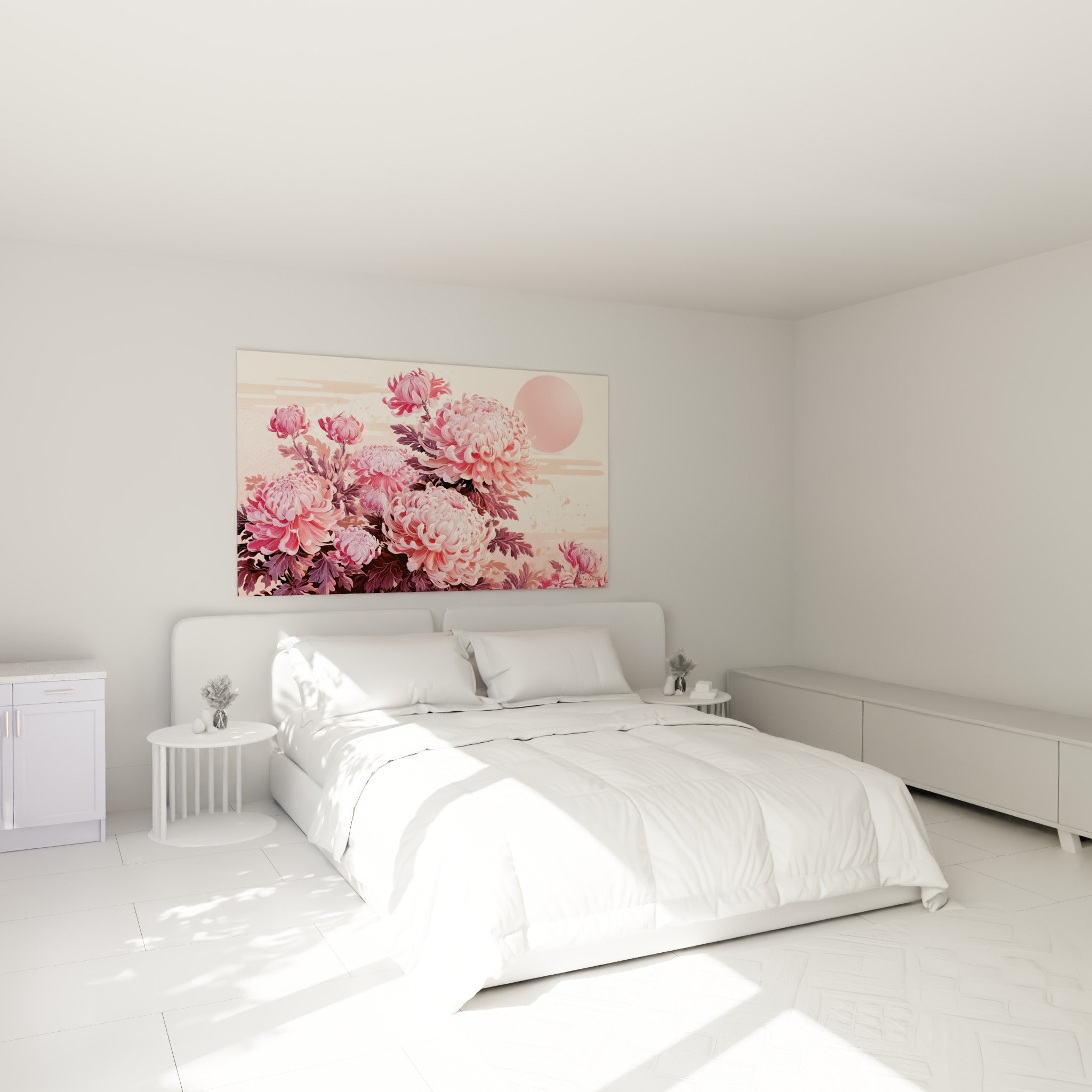Fleurs de chrysanthème roses et violettes accrochées au-dessus d'un lit dans une chambre claire