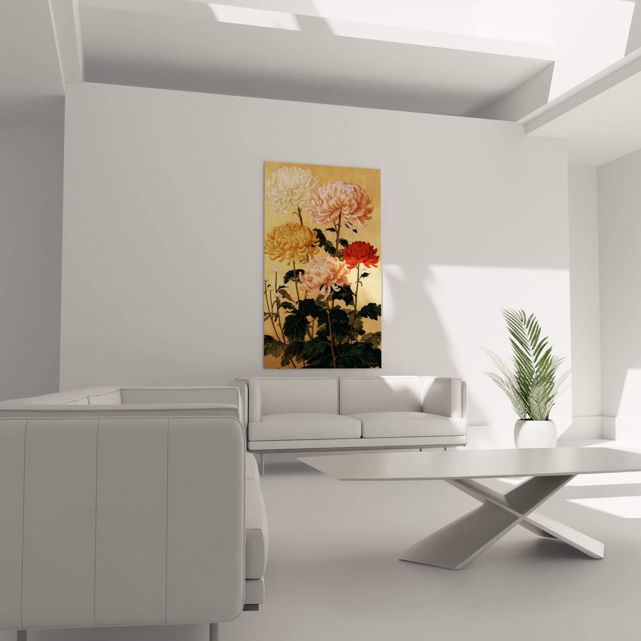 Chrysanthèmes rouge cerise et jaune ambré positionnés au-dessus d'un canapé dans un salon lumineux