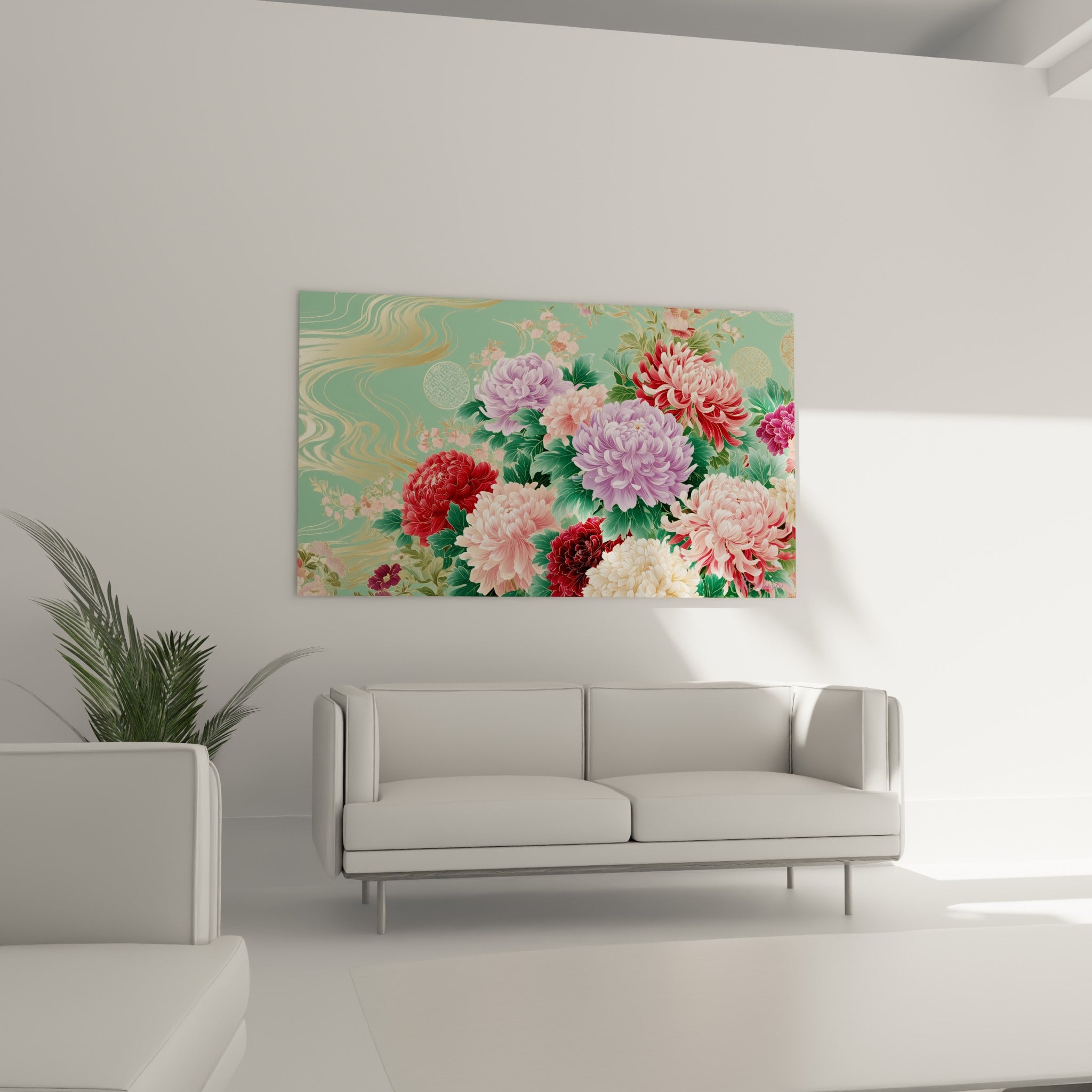 Fleurs de chrysanthème rouges et crème disposées au-dessus d'un canapé dans un salon lumineux