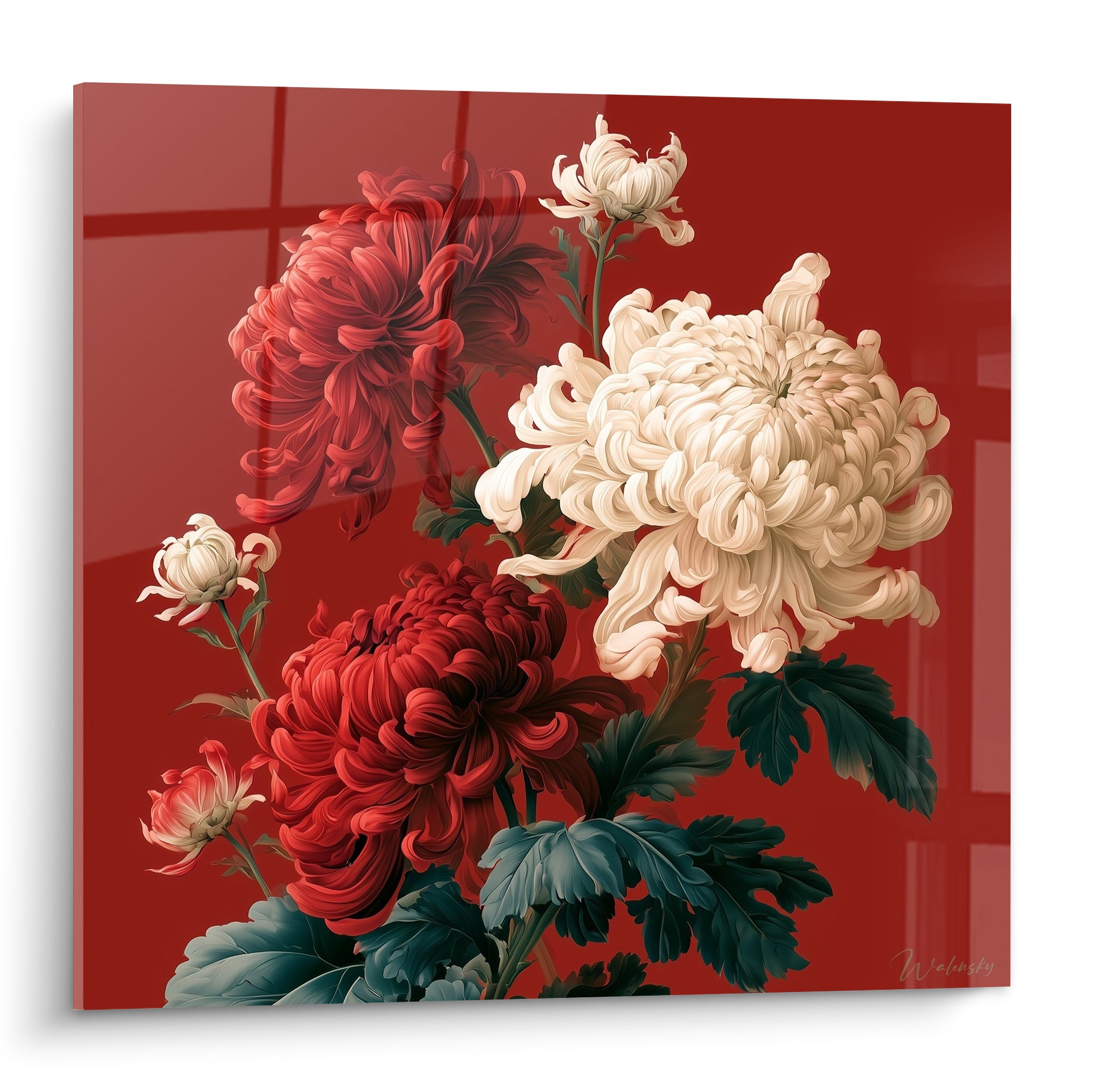 Chrysanthèmes ivoire et rouge grenat épanouis sur fond carmin laqué aux reflets brillants