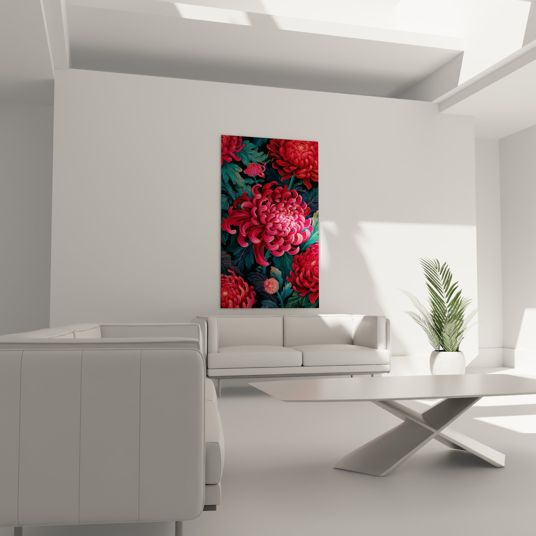 Bouquet de chrysanthèmes rouges et roses vibrant au-dessus d'un canapé dans un salon lumineux