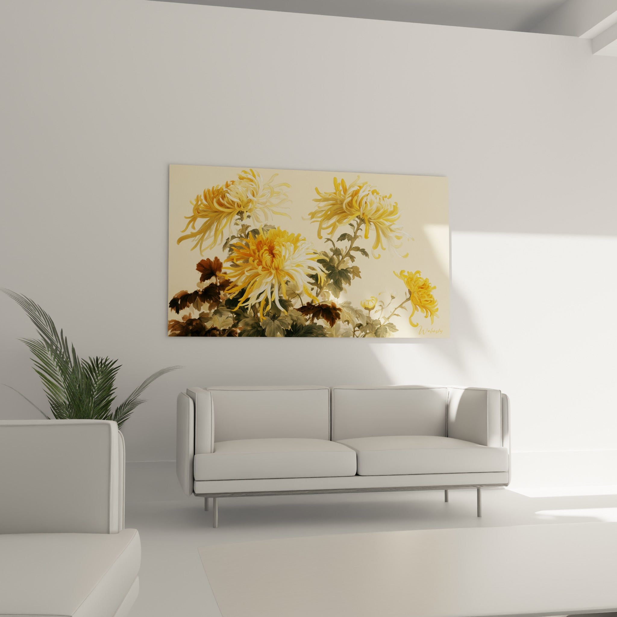 Pétales safran et feuillage brun d'un chrysanthème peint, disposés au-dessus d'un canapé dans un salon lumineux