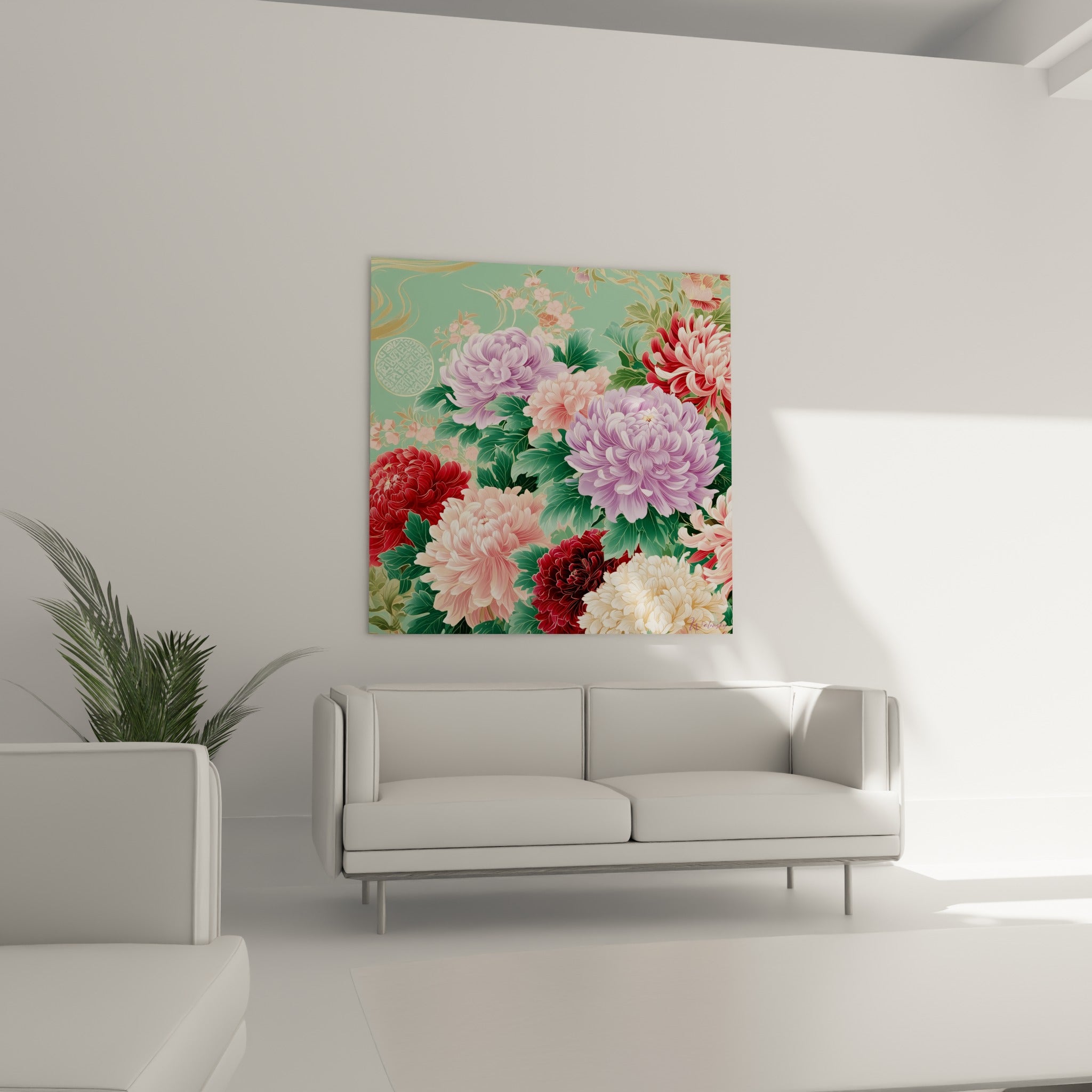 Fleurs de chrysanthème rose poudré et rouge carmin disposées au-dessus d'un canapé dans un salon lumineux