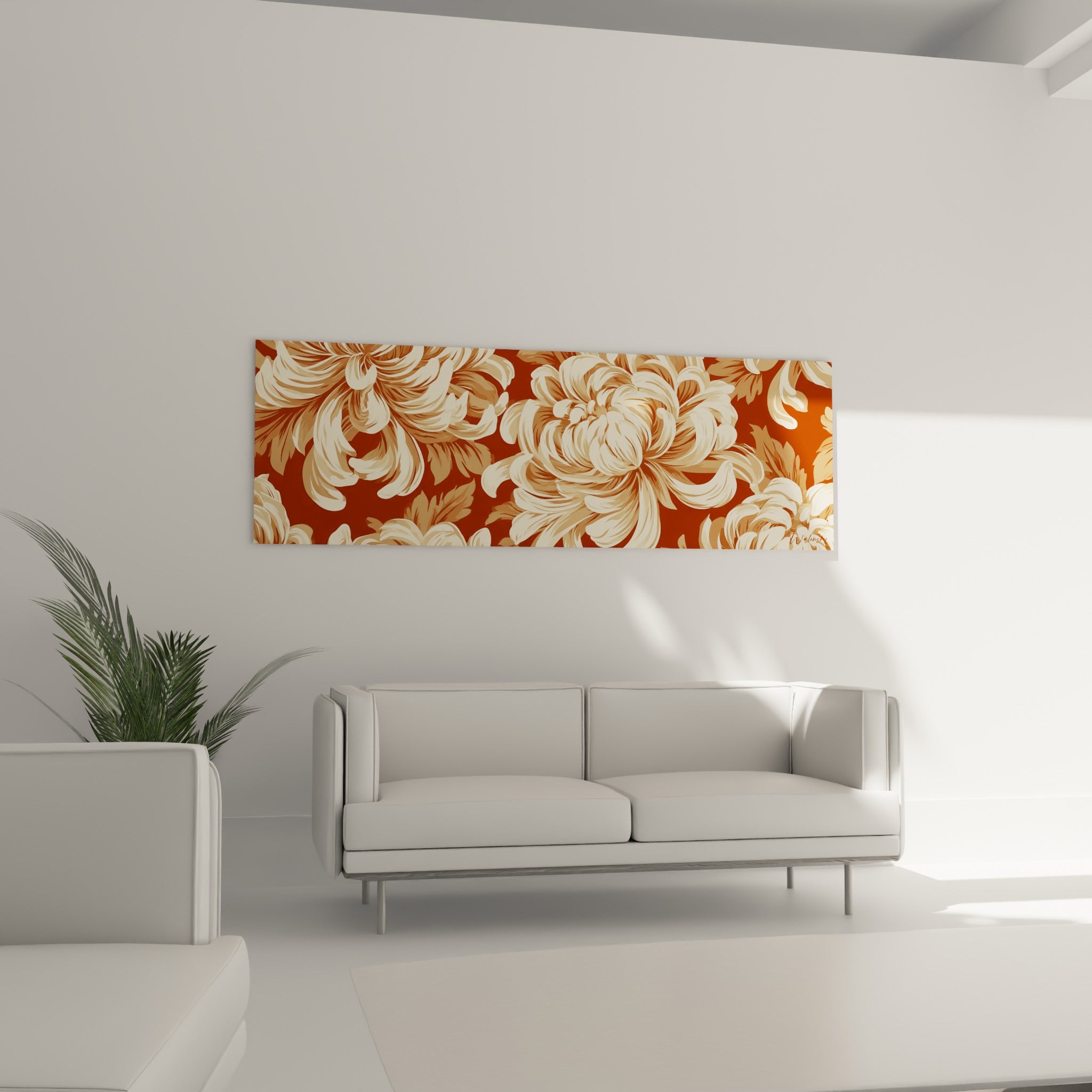 Fleurs de chrysanthème beige et cuivré déployées au-dessus d'un canapé dans un salon lumineux