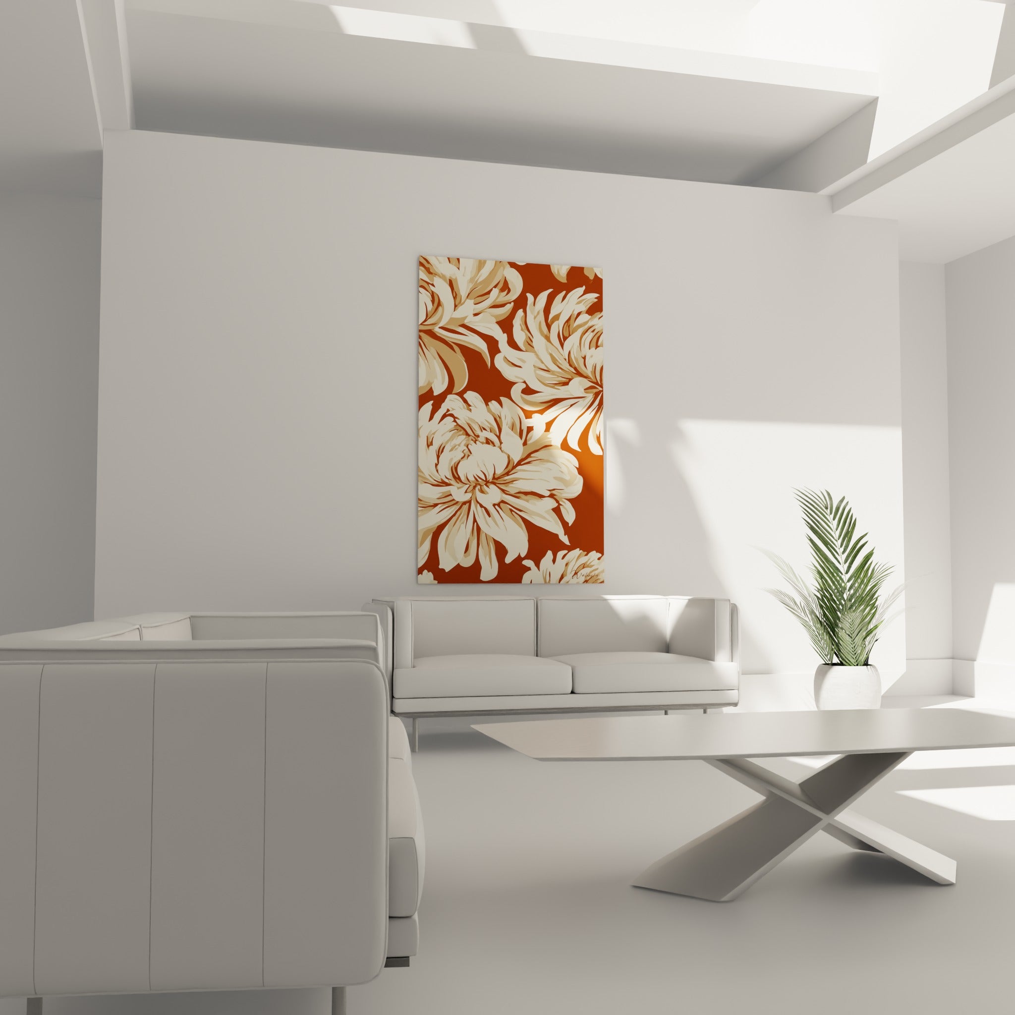 Pétales crème du chrysanthème contrastant avec le terracotta profond, placés au-dessus d'un canapé dans un salon lumineux