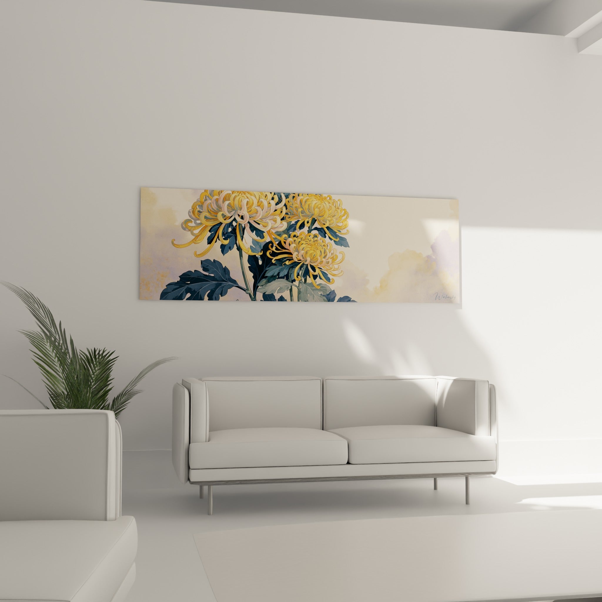 Chrysanthème jaune doré et feuillage bleu profond au-dessus d'un canapé dans un salon lumineux