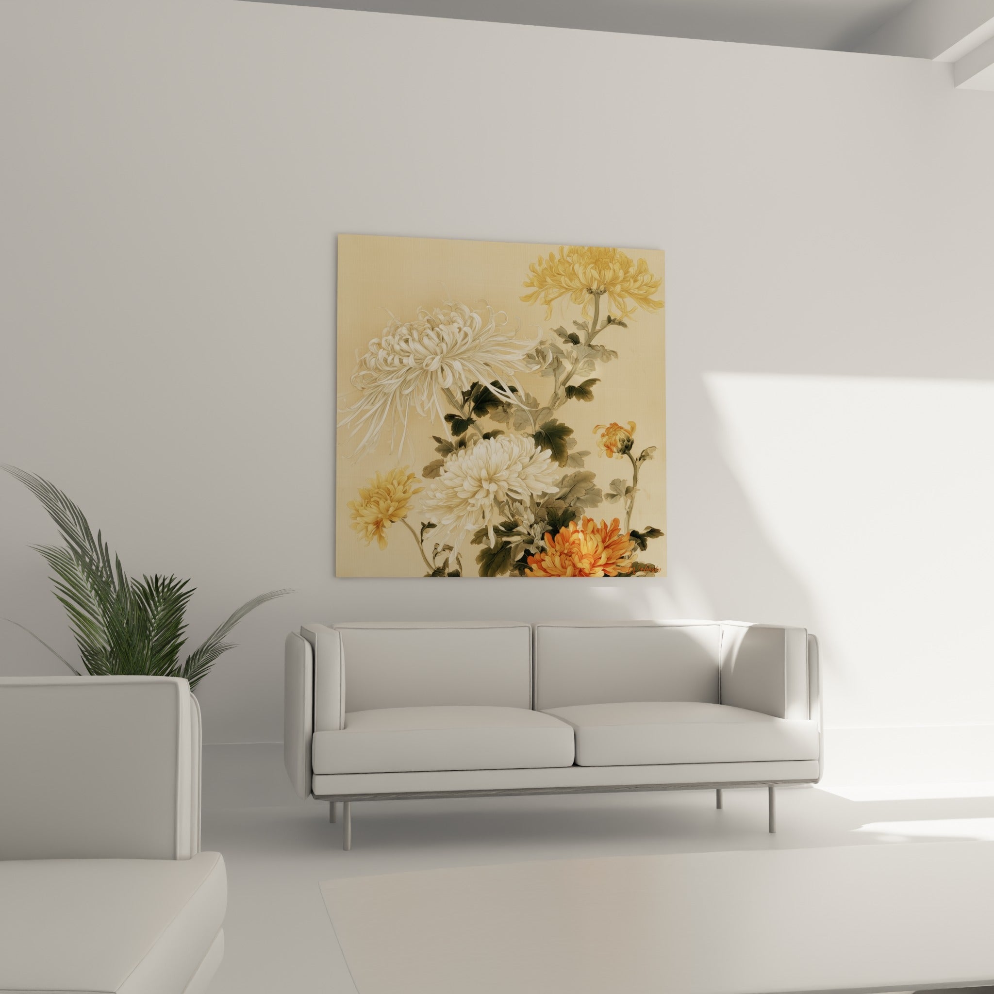 Chrysanthème doré et terracotta aux feuillages verts, accroché au-dessus d'un canapé dans un salon lumineux