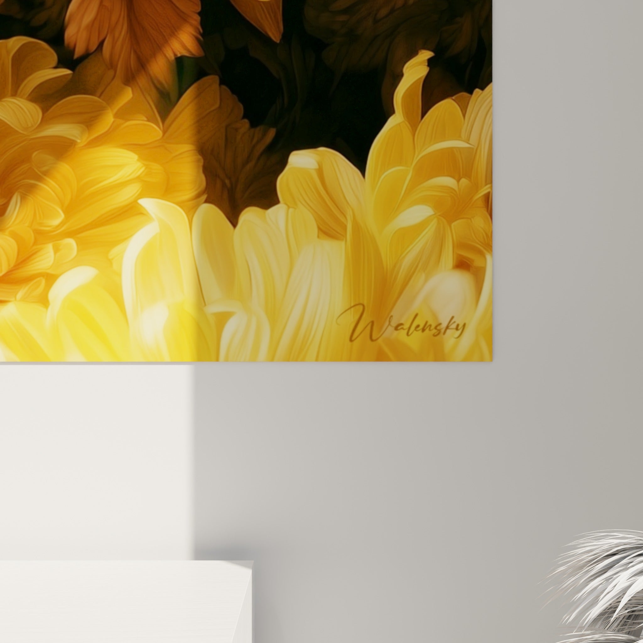 Pétales de chrysanthème jaune vif et ocre montrant les empâtements et le grain de la peinture