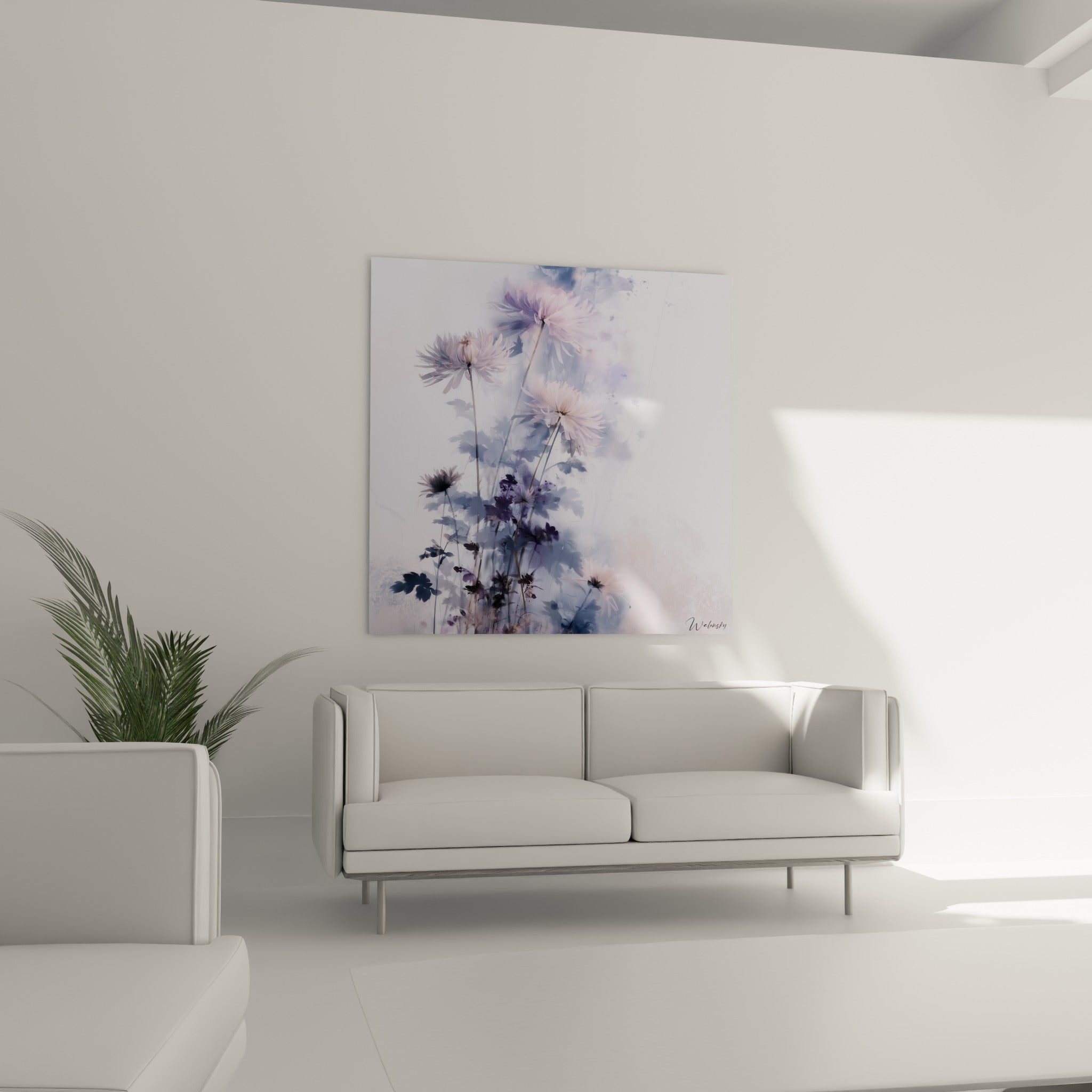 Bouquet de chrysanthèmes pastel et violet au-dessus d'un canapé dans un salon lumineux