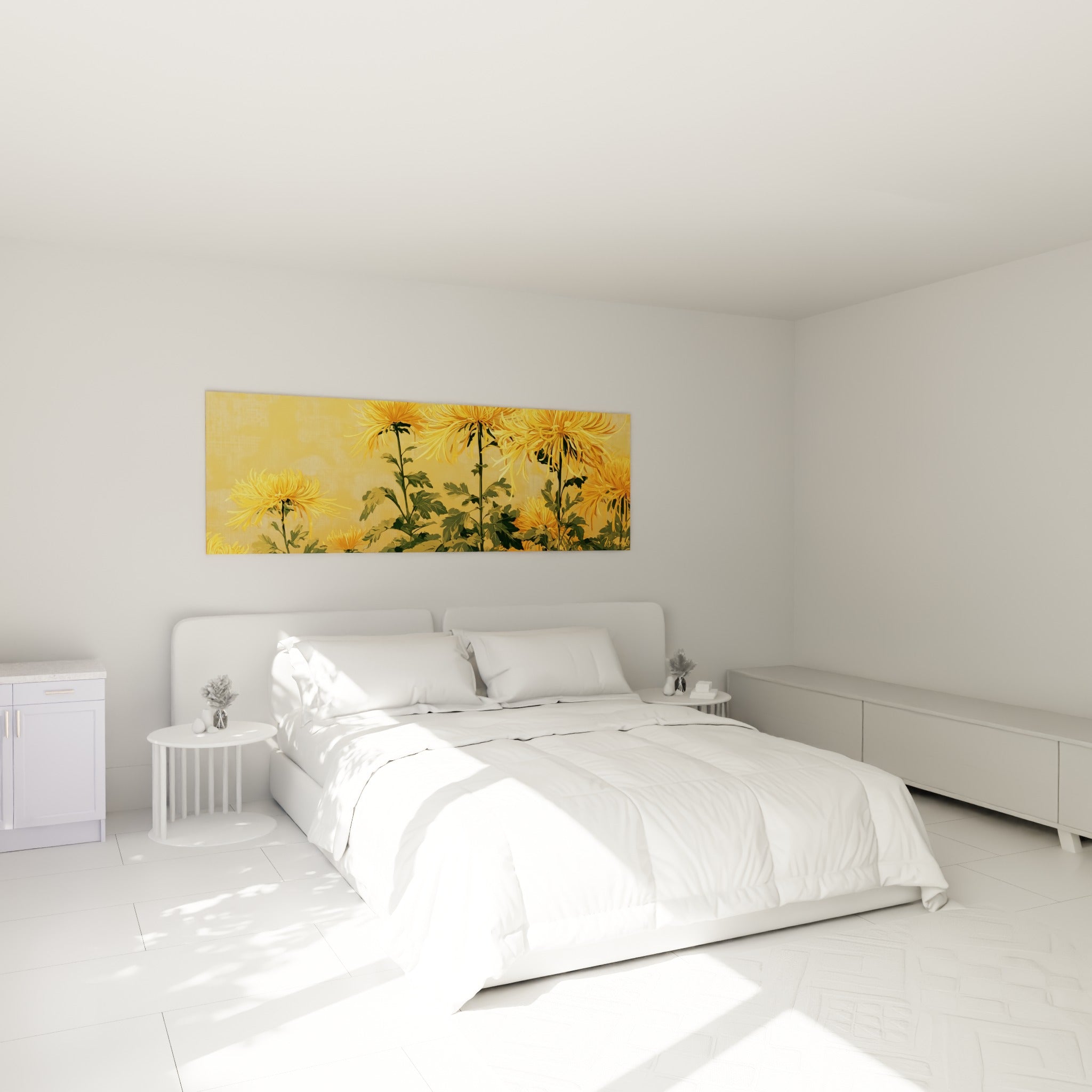 Fleurs de chrysanthème jaune et vert olive peintes au-dessus d'un lit dans une chambre claire
