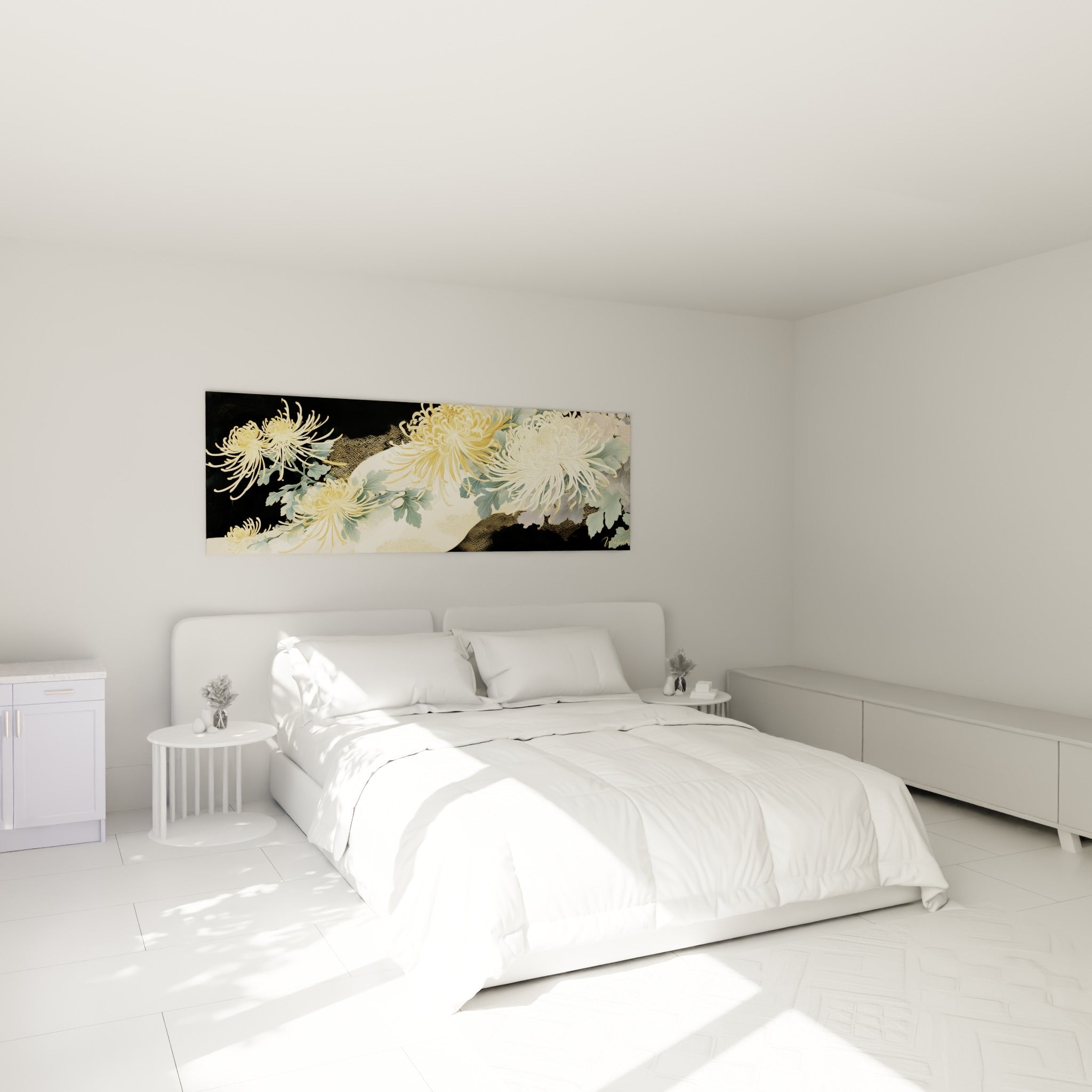 Fleurs de Chrysanthème doré et vert sauge sur fond noir, au-dessus d'un lit dans une chambre claire