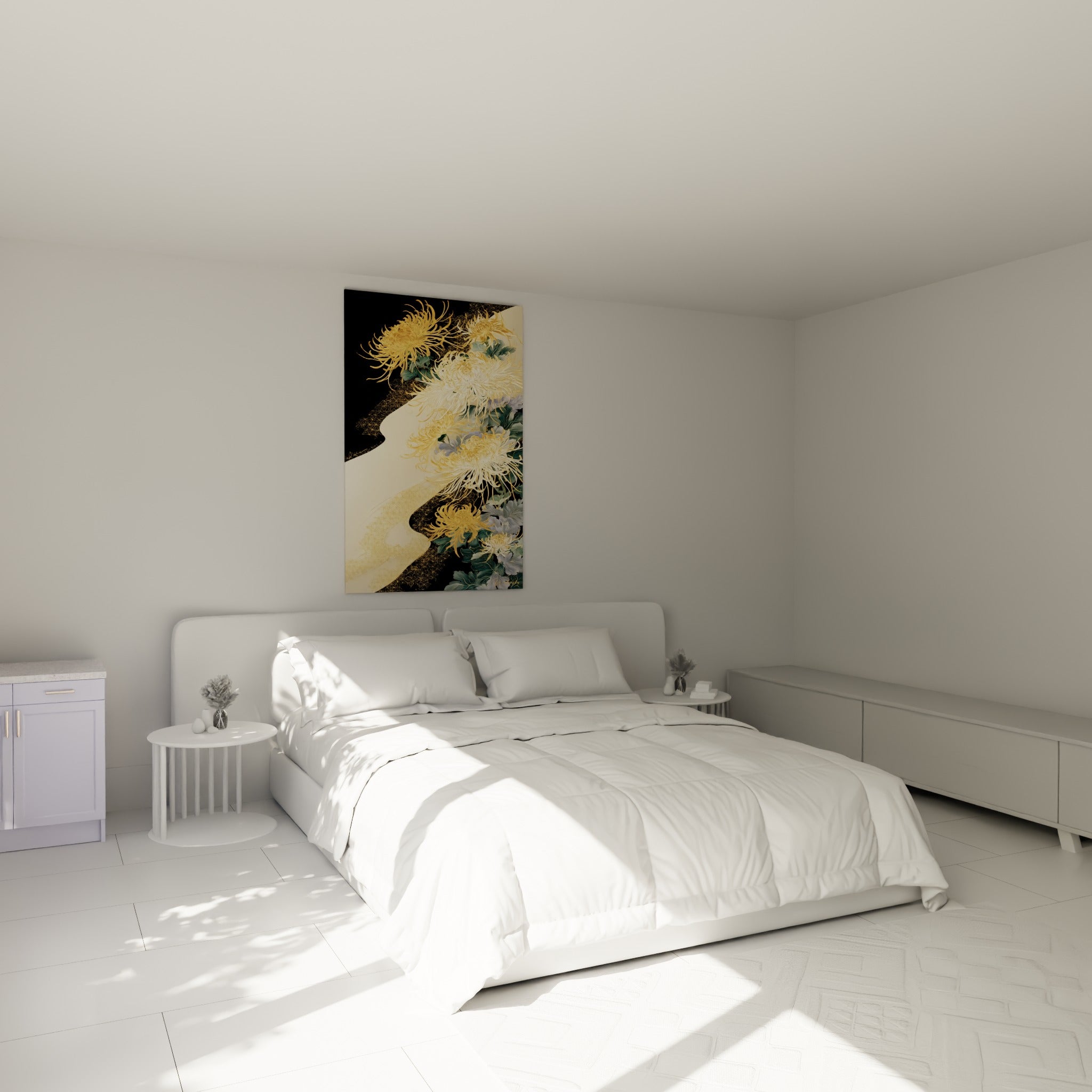 Fleurs de chrysanthème dorées et vert sauge accrochées au-dessus d'un lit dans une chambre claire