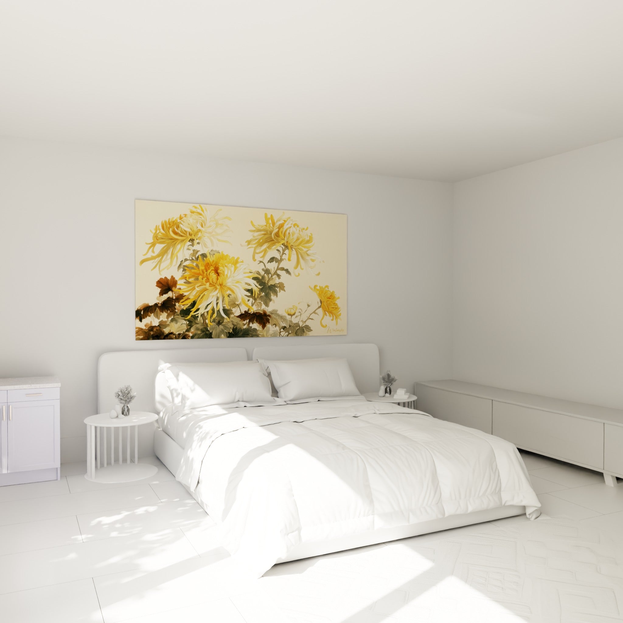 Chrysanthème doré et vert sauge en fleurs déployées, accroché au-dessus d'un lit dans une chambre claire