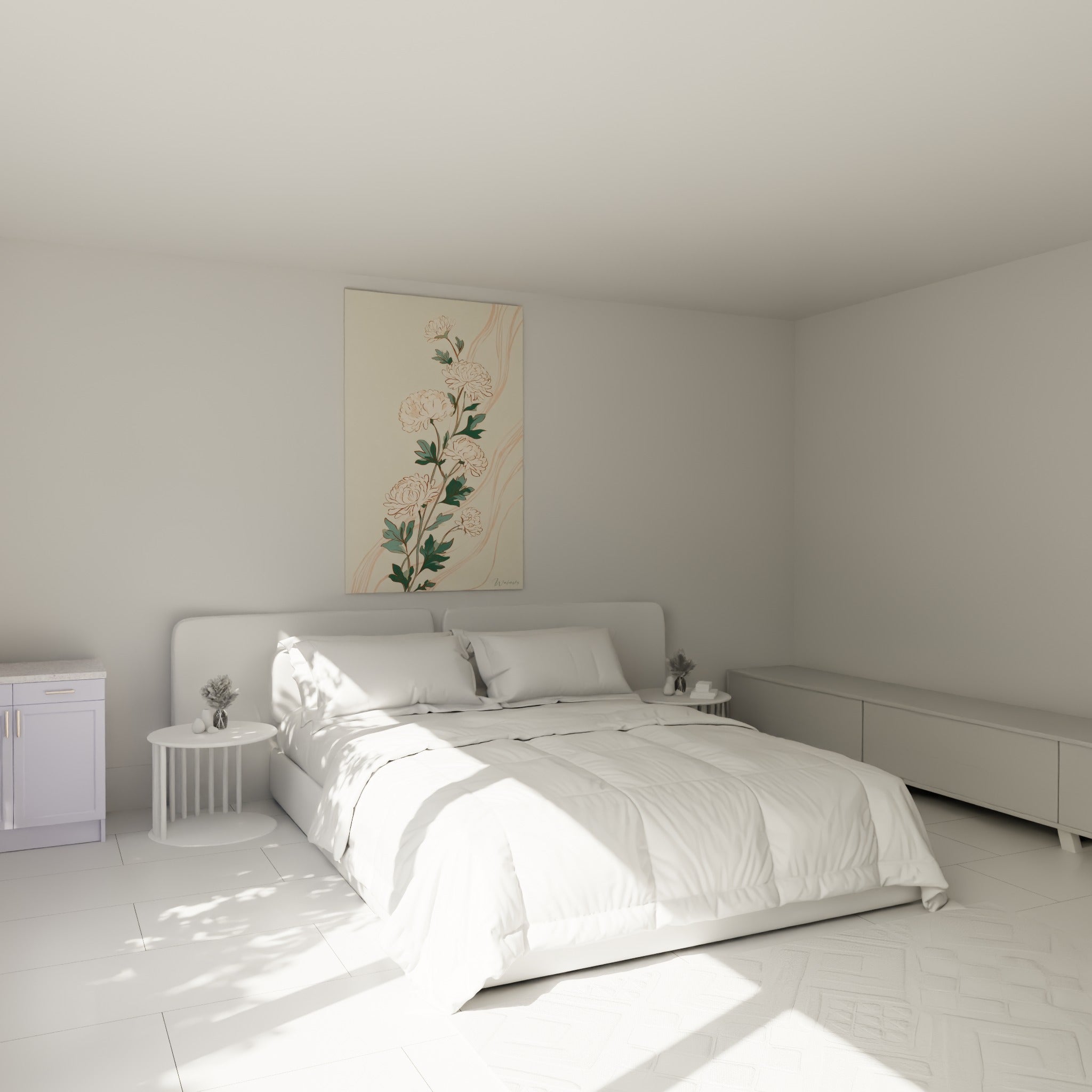 Fleurs de chrysanthème crème et rose poudré déployées au-dessus d'un lit dans une chambre claire