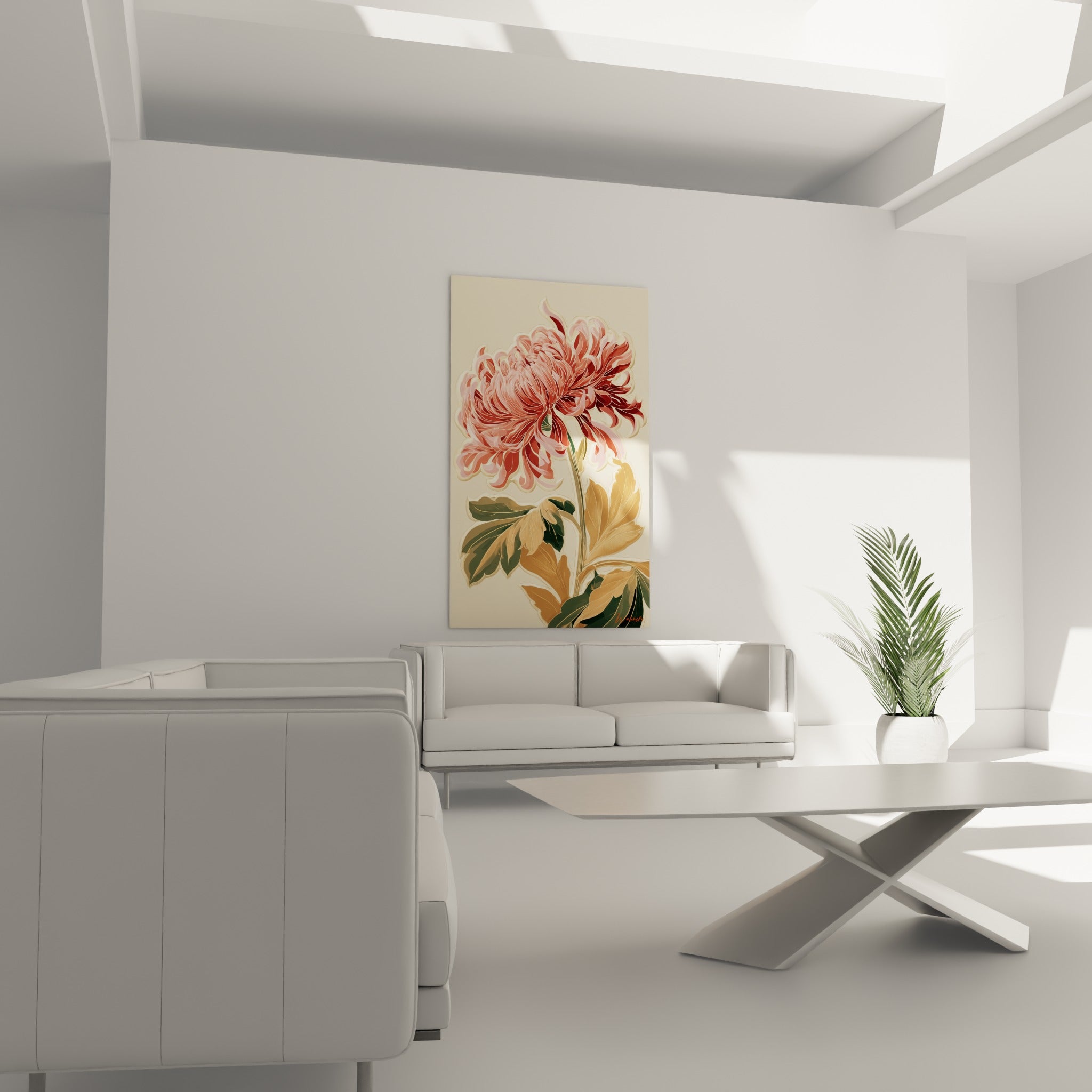 Pétales de chrysanthème bordeaux et vert sauge illuminés au-dessus d'un canapé dans un salon lumineux